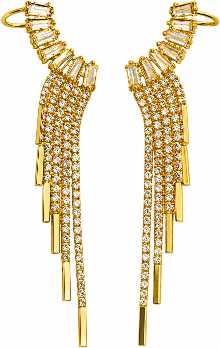 Women's Gold-Tone Crystal Tassel Ear Cuff Climber – Baguette & Rhinestone Fringe Crawler Earrings – Glamorous Statement Jewelry for Weddings, Proms, and Evening Events