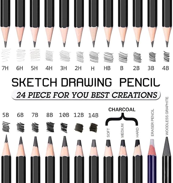 Sketching Pencil Set - 24 Pieces Drawing Sketch Pencil HB,B,2B,3B,4B,5B,6B,7B,8B,10B,12B,14B,H,2H,3H,4H,5H,6H,7H, Includes Charcoal, Eraser, Graphite Pencils for Beginners & Pro Artists