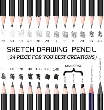 Sketching Pencil Set - 24 Pieces Drawing Sketch Pencil HB,B,2B,3B,4B,5B,6B,7B,8B,10B,12B,14B,H,2H,3H,4H,5H,6H,7H, Includes Charcoal, Eraser, Graphite Pencils for Beginners & Pro Artists