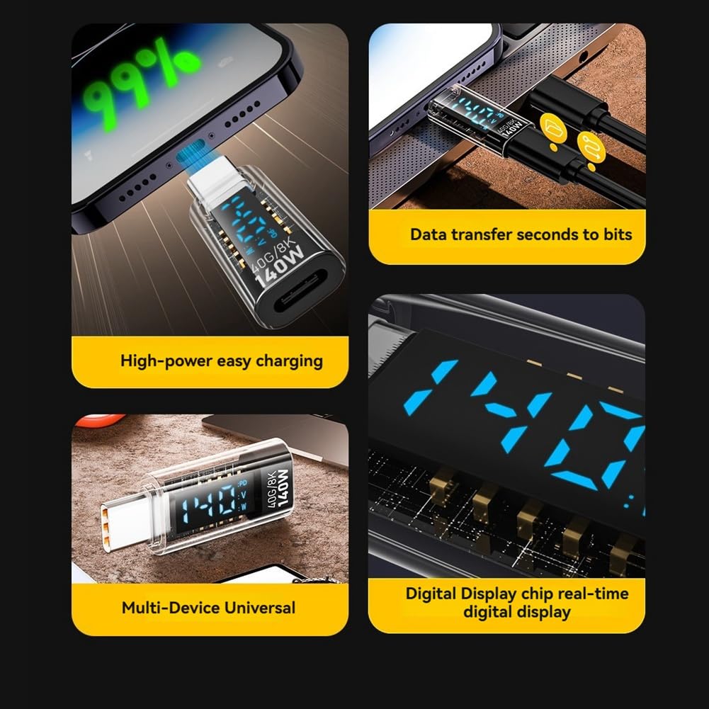 Adapter USB C z Wyświetlaczem LED 140 w 40 Gb/S 8K Rozszerzenie USB C PD3.1 Złącze C Miernik C Czarny