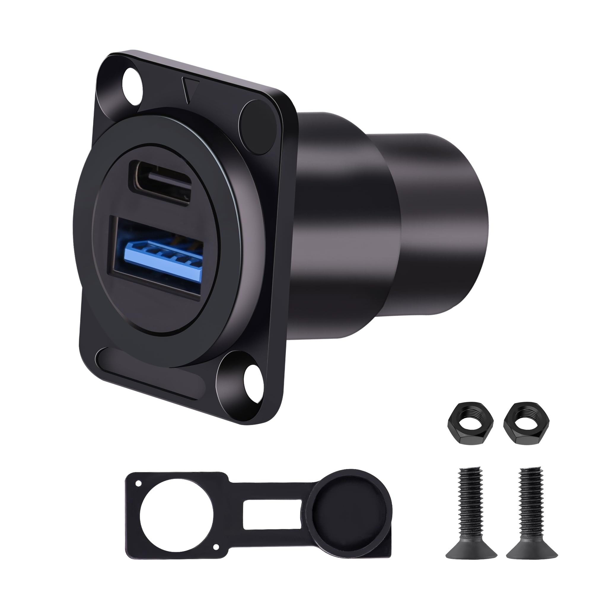 Dual USB 3.0 & Type C Panel Mount Adapter, D-Type Bulkhead Feedthrough Socket with USB A 3.0 + USB C 3.1 Dual Ports for Car/Home/Industrial (High-Speed Data & Charging)