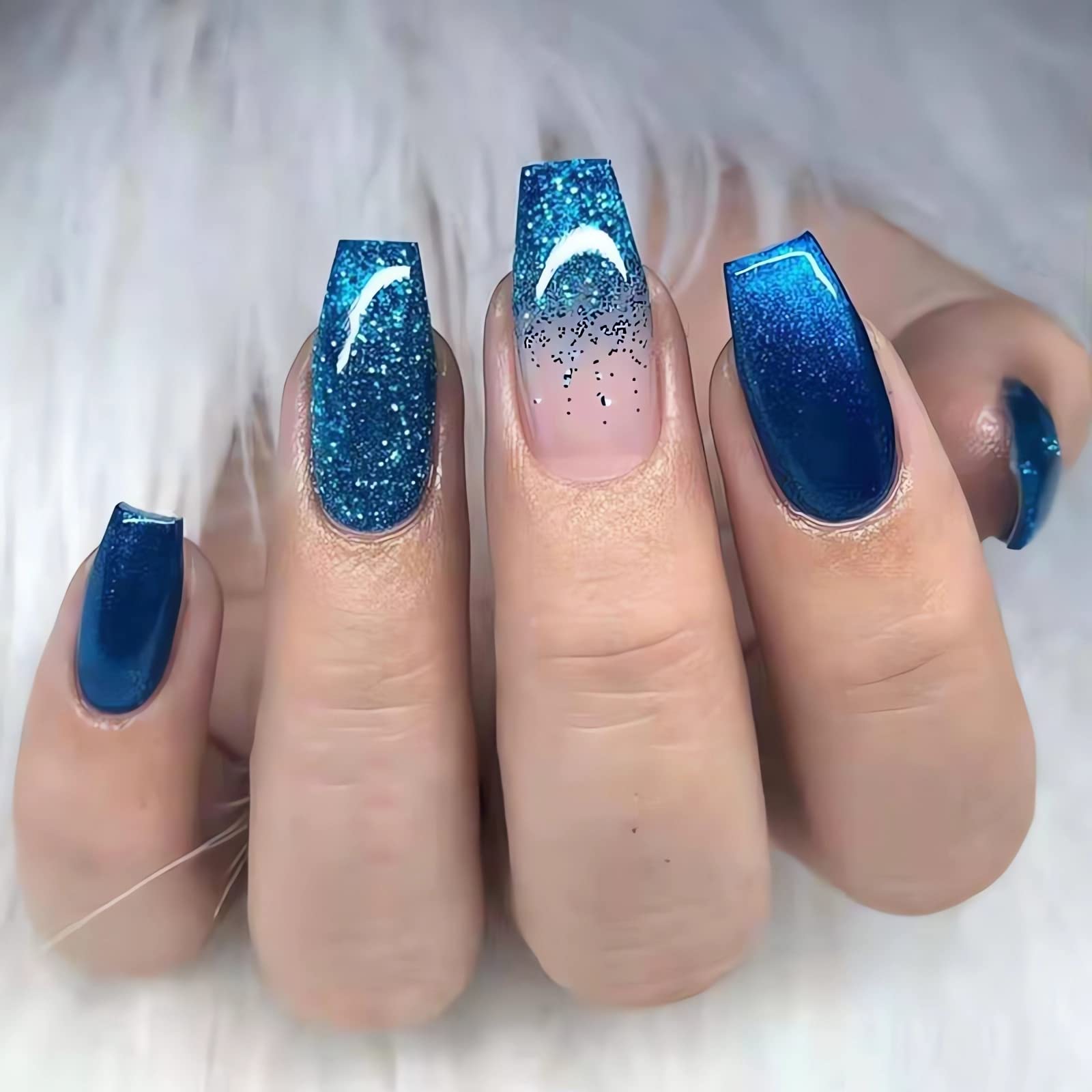 Medium Press on Nails Square Fake Nails Blue Glitter Full Cover False Nails with Gradient Designs Summer Glue on Nails Glossy Artificial Nails Reusable Stick on Nails for Women 24Pcs
