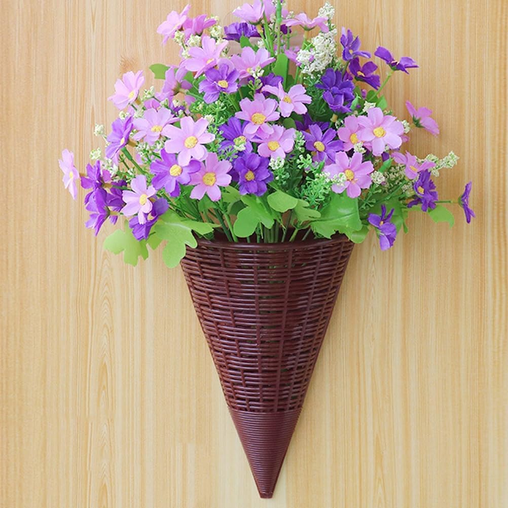 VANZACK 3 Pcs Rattan Hanging Wall Planters Cone Shaped Plant Holder Rustic Vintage Flower Basket Farmhouse Wicker Flower Pot Bird Nest for Outdoor Indoor Garden Decor