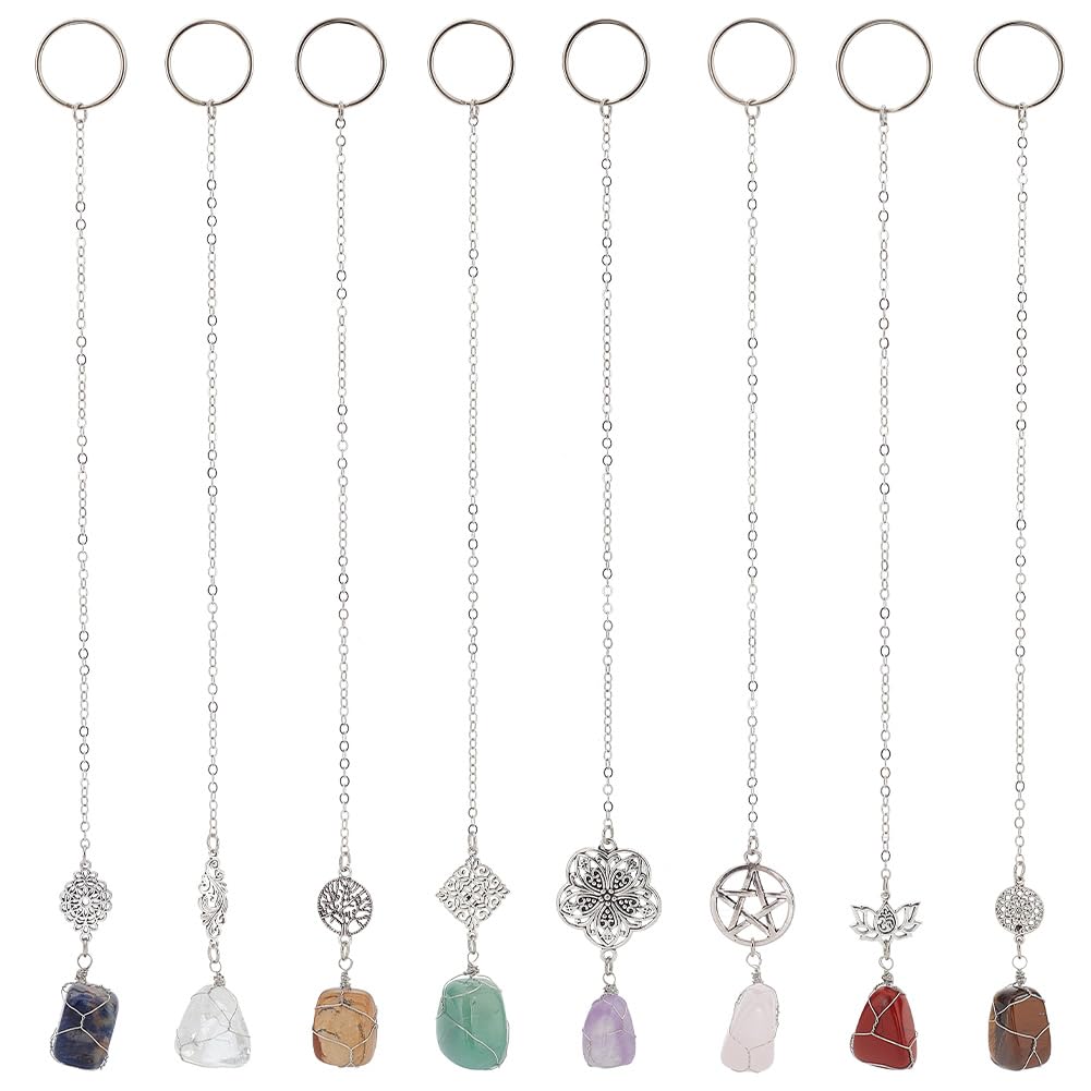 GOMAKERER 8 Pcs 8 Styles Gemstone Key Chain, Mixed Shape Crystal Pendant Stone Decoration Hangings with Iron Key Rings Irregular Gemstone Pendant for DIY Crafts Jewelry Making