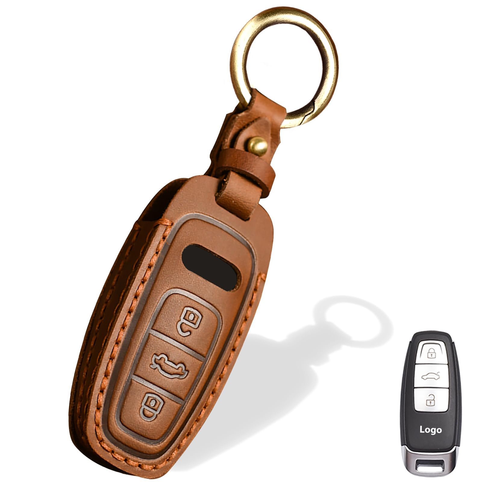 Leather Key Fob Cover for Audi, No-Screw Retro Style Smart Key Holder, Compatible with A3, A6, A7, A8, E-Tron, S3, S6, RS6, S7, RS7, Q7, SQ7, Q8, SQ8, Brown