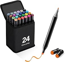 Dual Tip Art Markers Set 24 pcs - Vibrant Colors for Kids & Adults, Ideal for Coloring, Sketching, Drawing, and Painting, Includes Carry Case - Permanent Twin Head Sketch Pens (24)