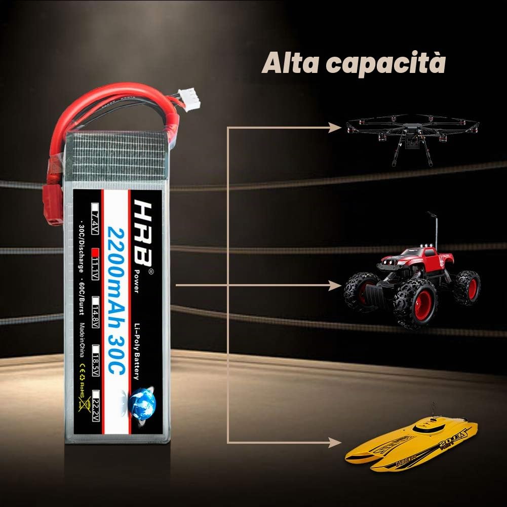 HRB 2PCS 11.1V 2200mAh 3S 30C Batteria Lipo con Deans T Plug per RC Car Boat Truck Heli Aeroplano Quadcopter Elicottero Multi-motore Hobby Parti fai da te