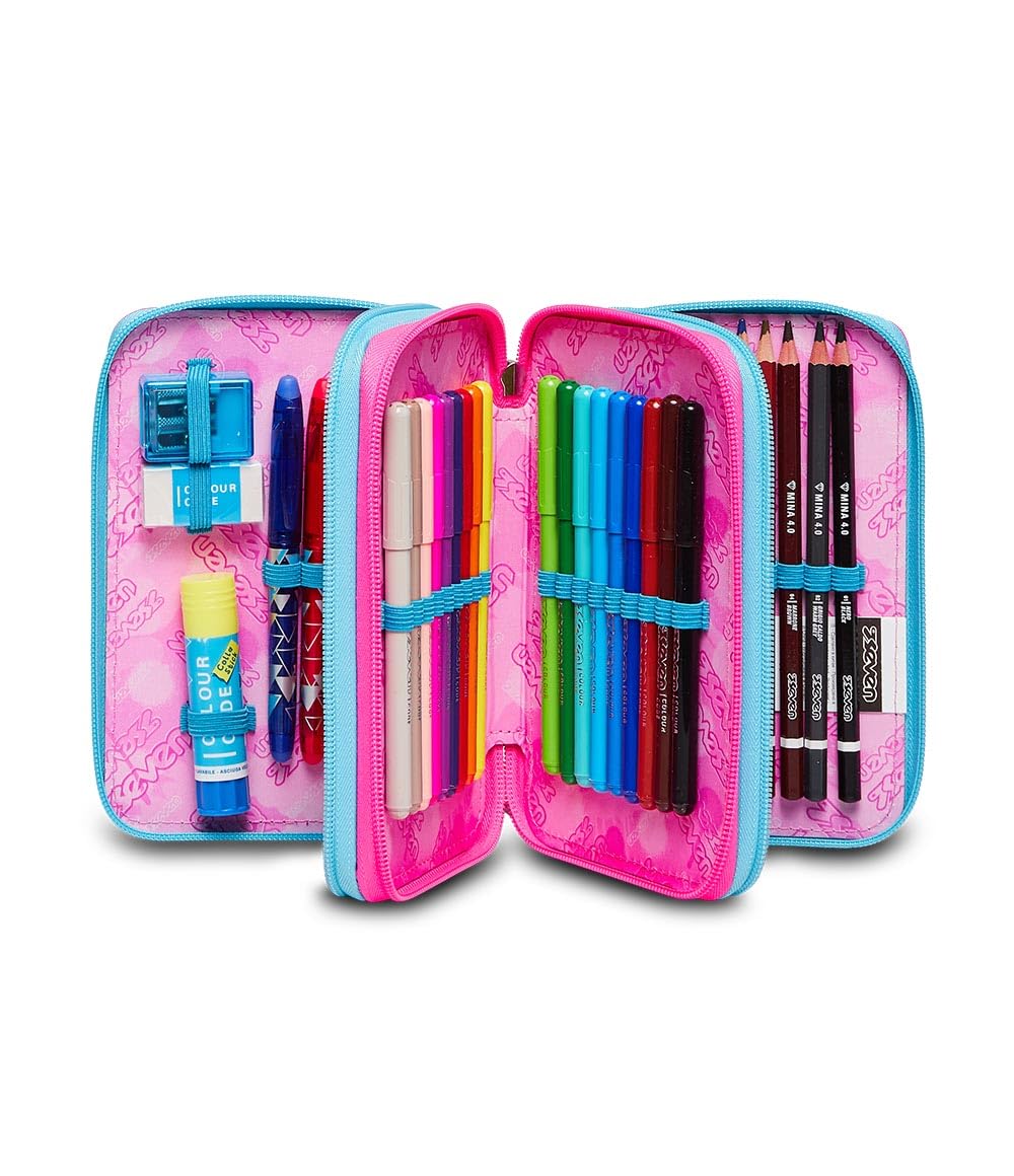 Seven, Astuccio Scuola 3 Zip LIQUID PAINT, Nero - Attrezzato con Matite, Pennarelli ecc.., Portapenne Scuola Bambino