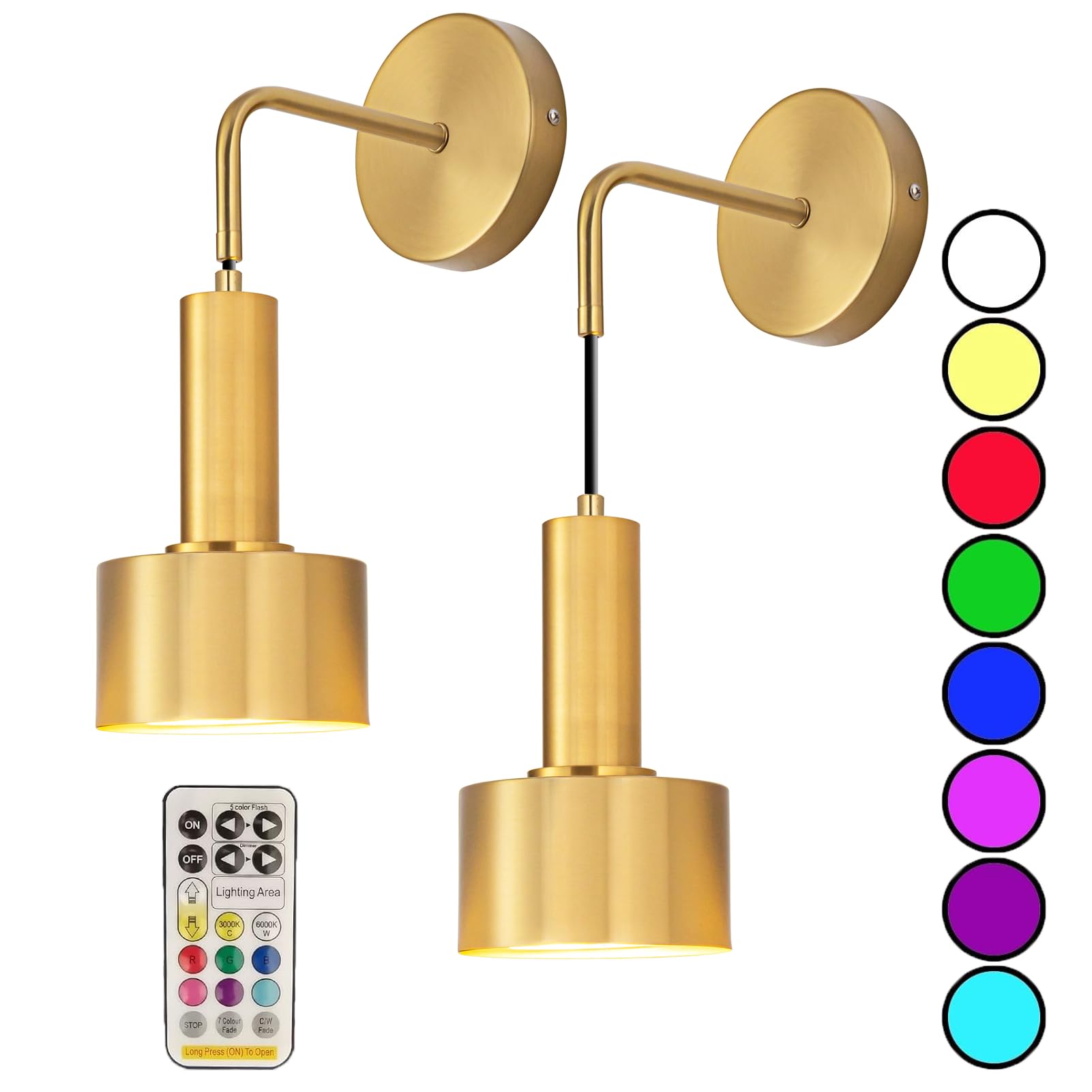 Aiehnid Gold Wall Light Battery Powered Set Of 2，Battery Operated Wall Sconce With Remote Control Dimmable Wall Lamp No Wiring Required Fixtures，For Farmhouse, Bedroom Bedside Lights, Study Reading Lights