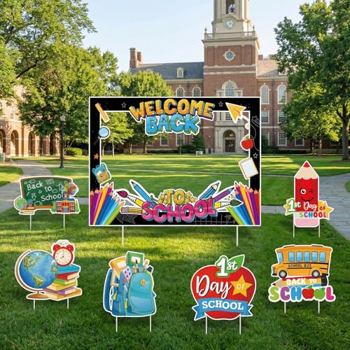 Riletese 7 Pcs Welcome Back to School Yard Signs with Stakes - First Day of School Decorations Large School Bus Blackboard Picture Frame Photo Props Classroom Outdoor Lawn Garden Party Supplies