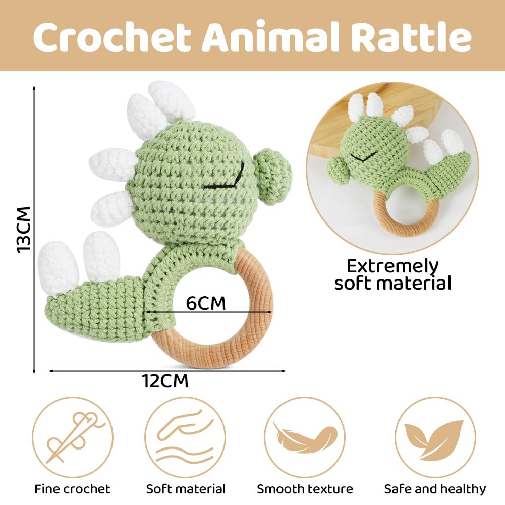 Vicloon Wooden Baby Rattle, Crochet Animals Soft Rattle Sensory Toys - Image 2