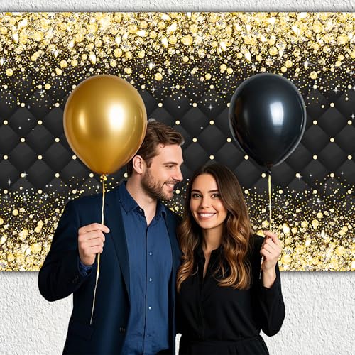 Image of Birthday Decorations Backdrop 10 x 8 ft Green Golden Happy Birthday Banner Large Birthday Party Background for Men Women Kids Photo Shoot Supplies (Black, 10 * 8 ft)