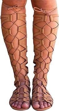 Women Gladiator Sandal Summer Casual Cut Out Knee High Flats Open Toe Strappy Criss Cross Breathable Roman Sandals