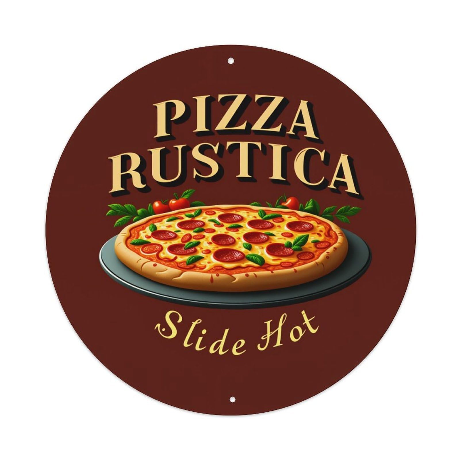 Wmlzdnwr Vintage Pizza Rustica Slide Hot Round Tin Sign,Retro Wall Art,Metal Poster For Home, Bar, Garage, Cafe, Rustic Indoor & Outdoor Decor, 8X8 Inches
