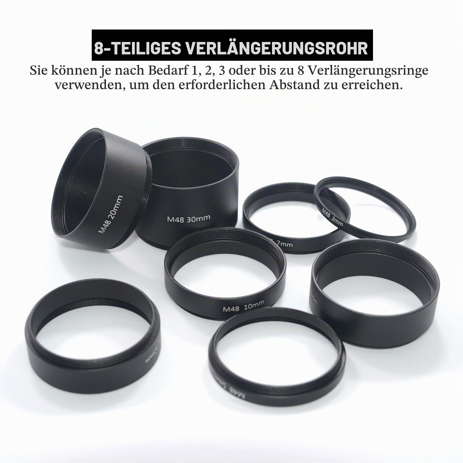 8 Stück M48 x 0,75 Teleskop-Verlängerungsrohr-Set, T2-Verlängerungsrohr-Set, Länge 3 mm, 5 mm, 7 mm, 10 mm, 12 mm, 15 mm, 20 mm, 30 mm, ausziehbar für astronomische Teleskop-Fotografie