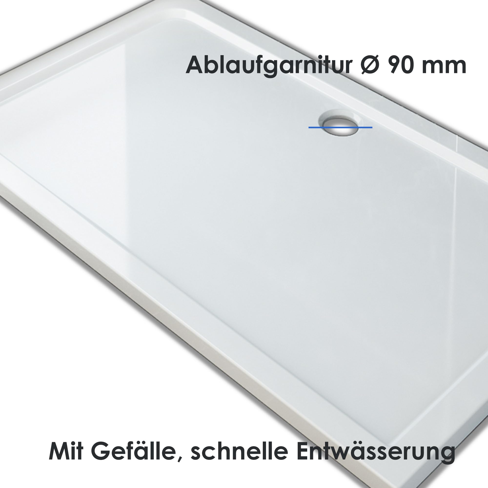 Plato de ducha 140 x 90 cm rectangular de acrílico en color blanco, plato de ducha plano, plato de ducha completo, incluye desagüe Ø 90 mm