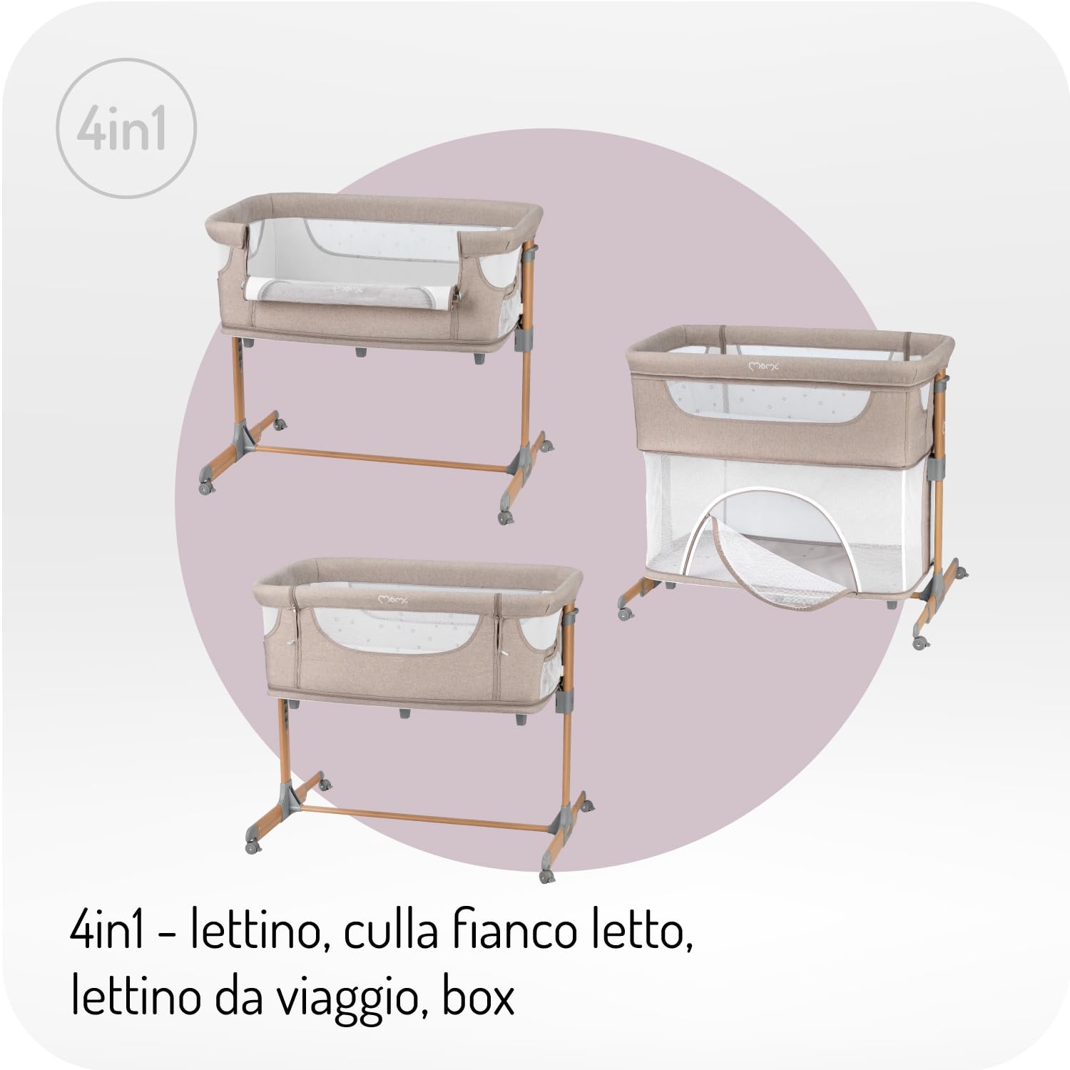 Momi Lettino multifunzione SMART BED 4-in-1, lettino co-sleeping e box, per bambini fino a 15 kg di peso, con altezza regolabile a 5 livelli, con materassino, cinghie di fissaggio e rotelle