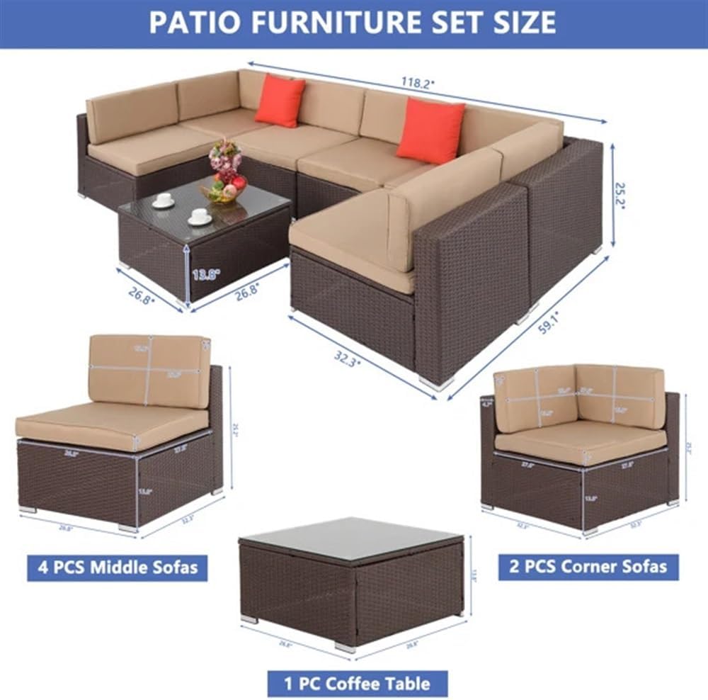 Outdoor Furniture Set, Outdoor Furniture,Patio Conversation Sets, Large Rattan Sofa Sets U-Shape Include Coffee Table Dark Brown Khaki Cushion for Outdoor Patio Garden Leisure Furniture