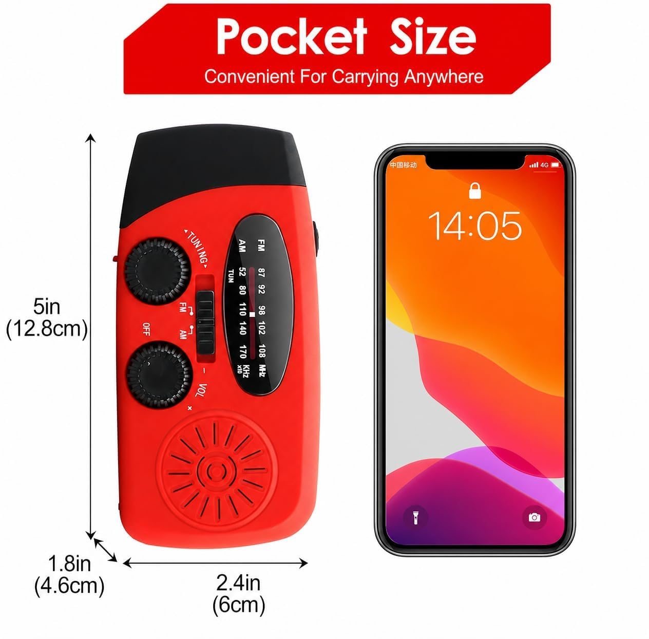 Radio Solaire Auto-alimentée 2000mAh AM/FM Portable à Manivelle Dynamo avec Lampe LED Alarme SOS Chargeur Téléphone Kit Survie Camping Rouge