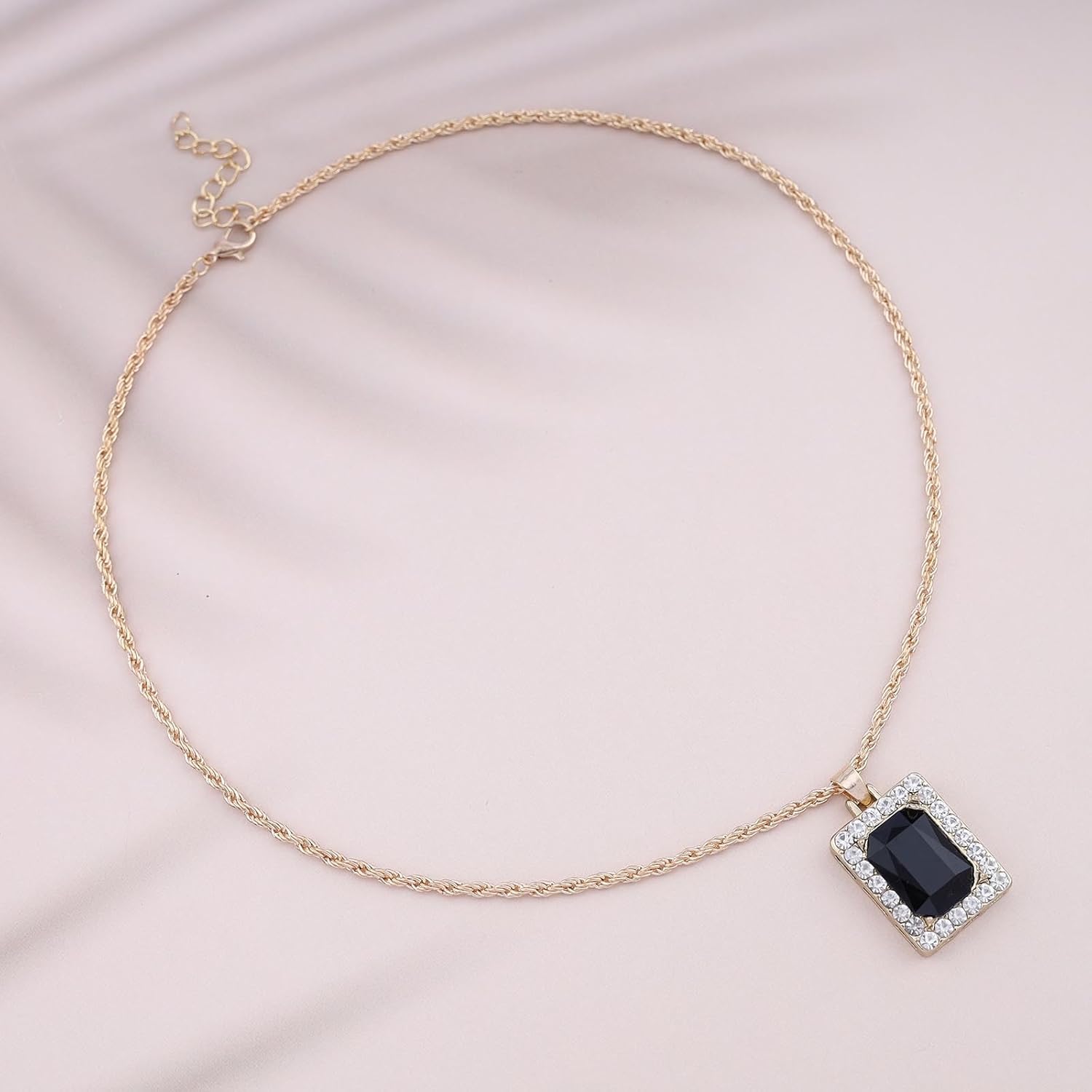 Andelaisi Boho Crystal Square Pendant Necklace Vintage Geometric Square Choker Necklace Black Gem Rope Chain Necklace CZ Square Necklace Jewelry for Women - Image 3