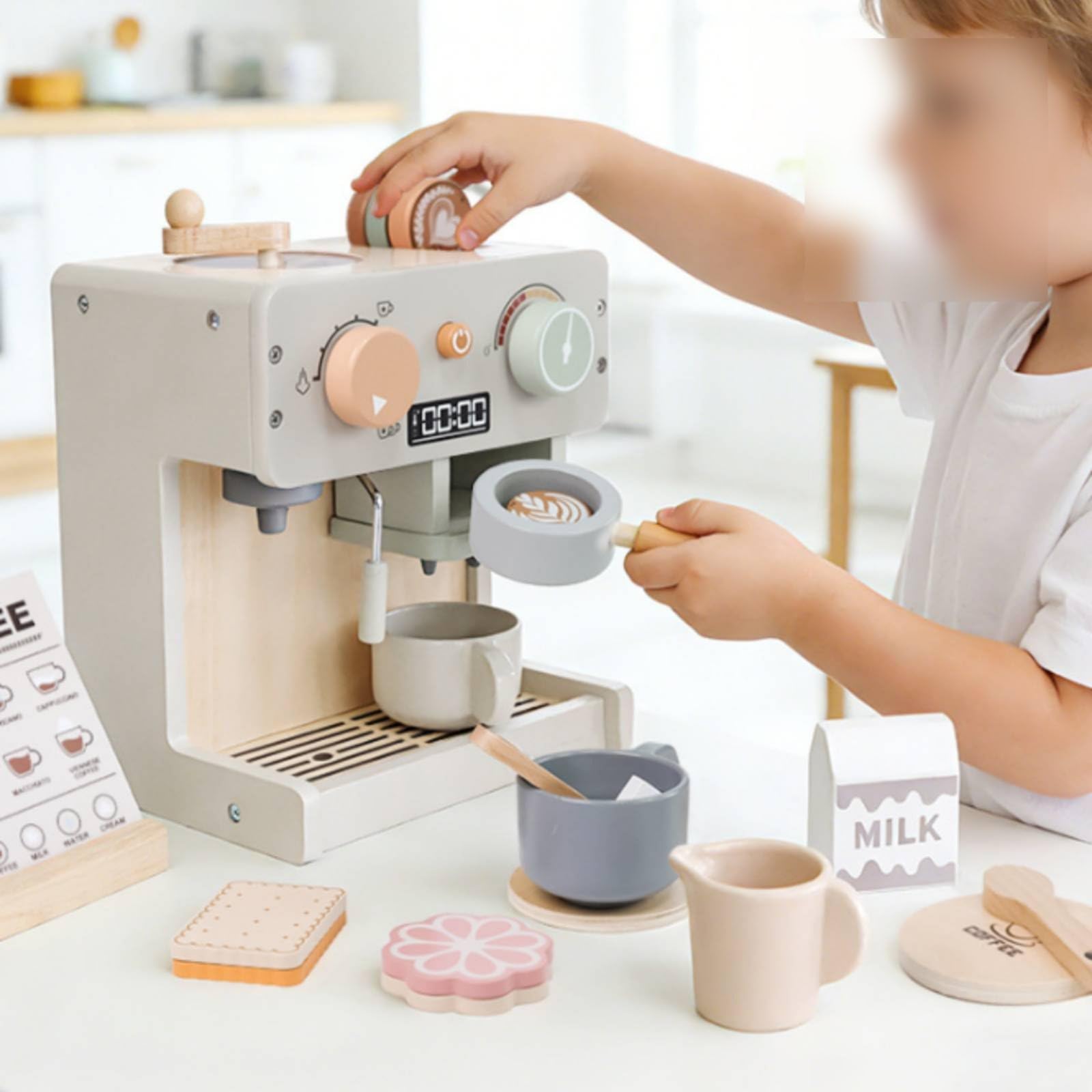 Cucina Giocattolo Bambini Macchina Del Caffè Giocattolo Set Caffetteria Finta Accessori in Legno con Tazze Cucchiaini Pannello Adatta per Gioco di Ruolo Cameretta Momenti Attività Educative