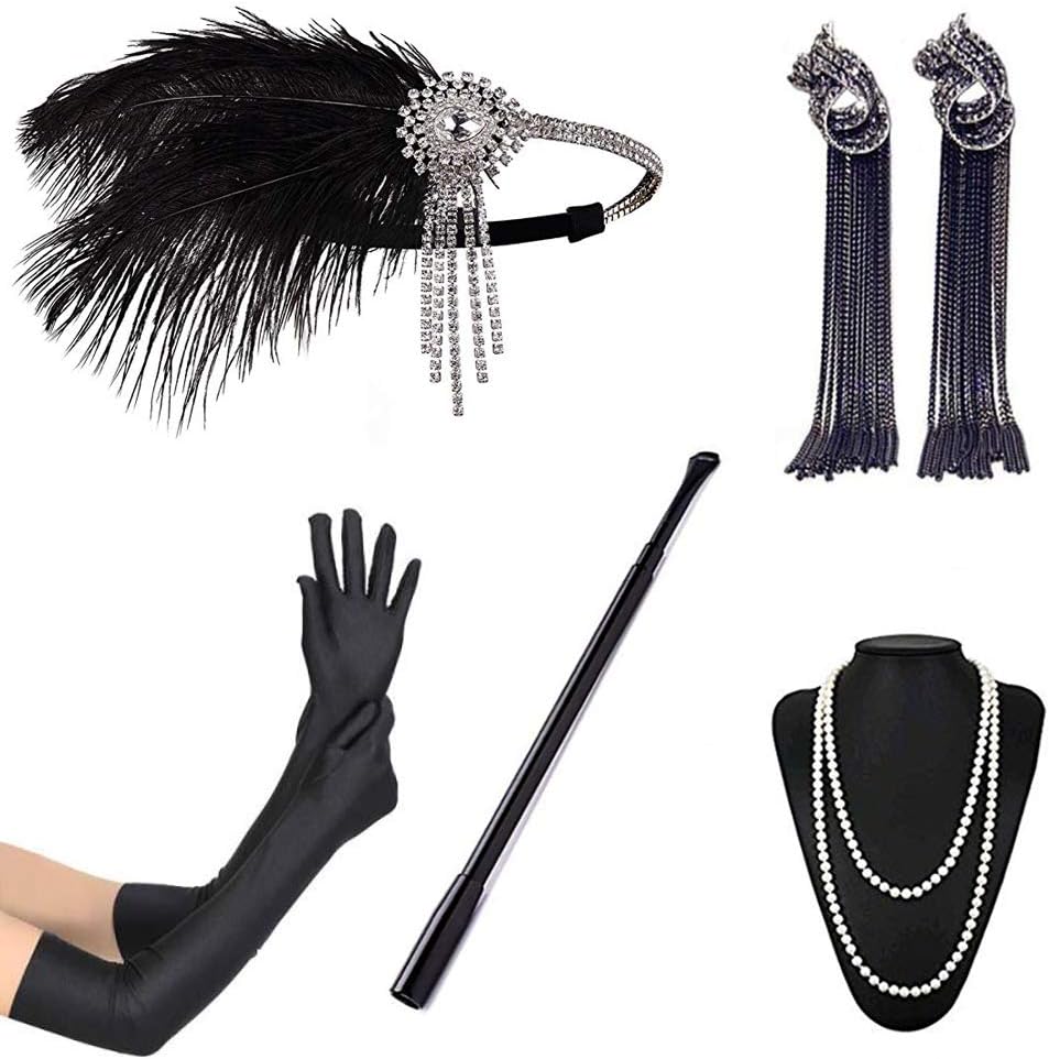 Tobao 1920s Flapper Accessories Set Headband Earrings Necklace Gloves Extendable Cigarette Holder Flapper Set for Party Dance