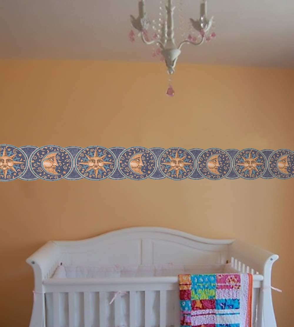 Wall Border - Mosaic Blue Plates Smiling Sun Moon Scalloped Wallpaper Border Retro Design, Prepasted Roll 15 ft. x 9 in.
