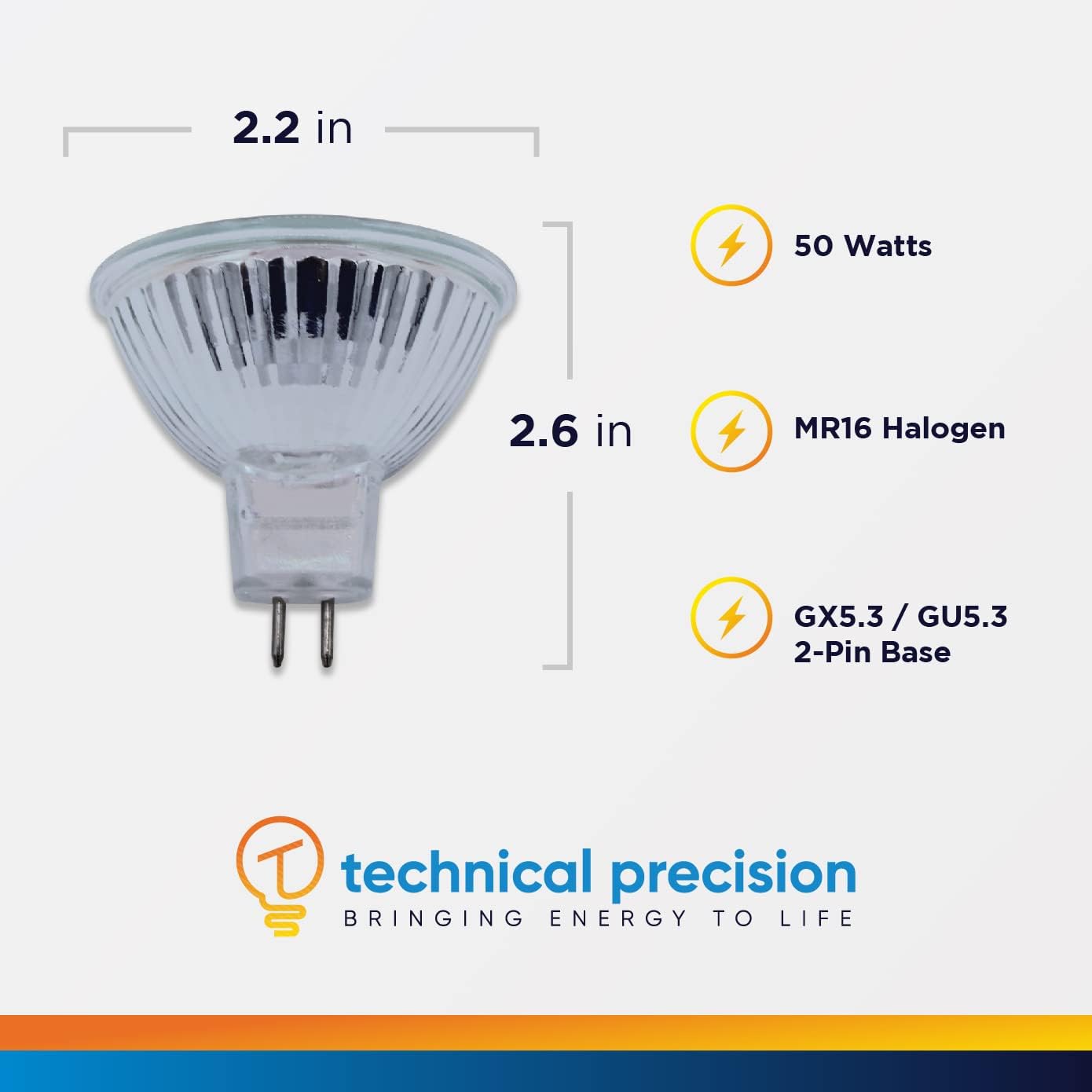 Technical Precision Replacement for Ushio JR24V-50w/fl36/fg Light Bulb 24V 50W Halogen Bulb with GX5.3 / GU5.3 2 Pin Base - Low Voltage Bi-Pin MR16 Bulb - 2 Pack