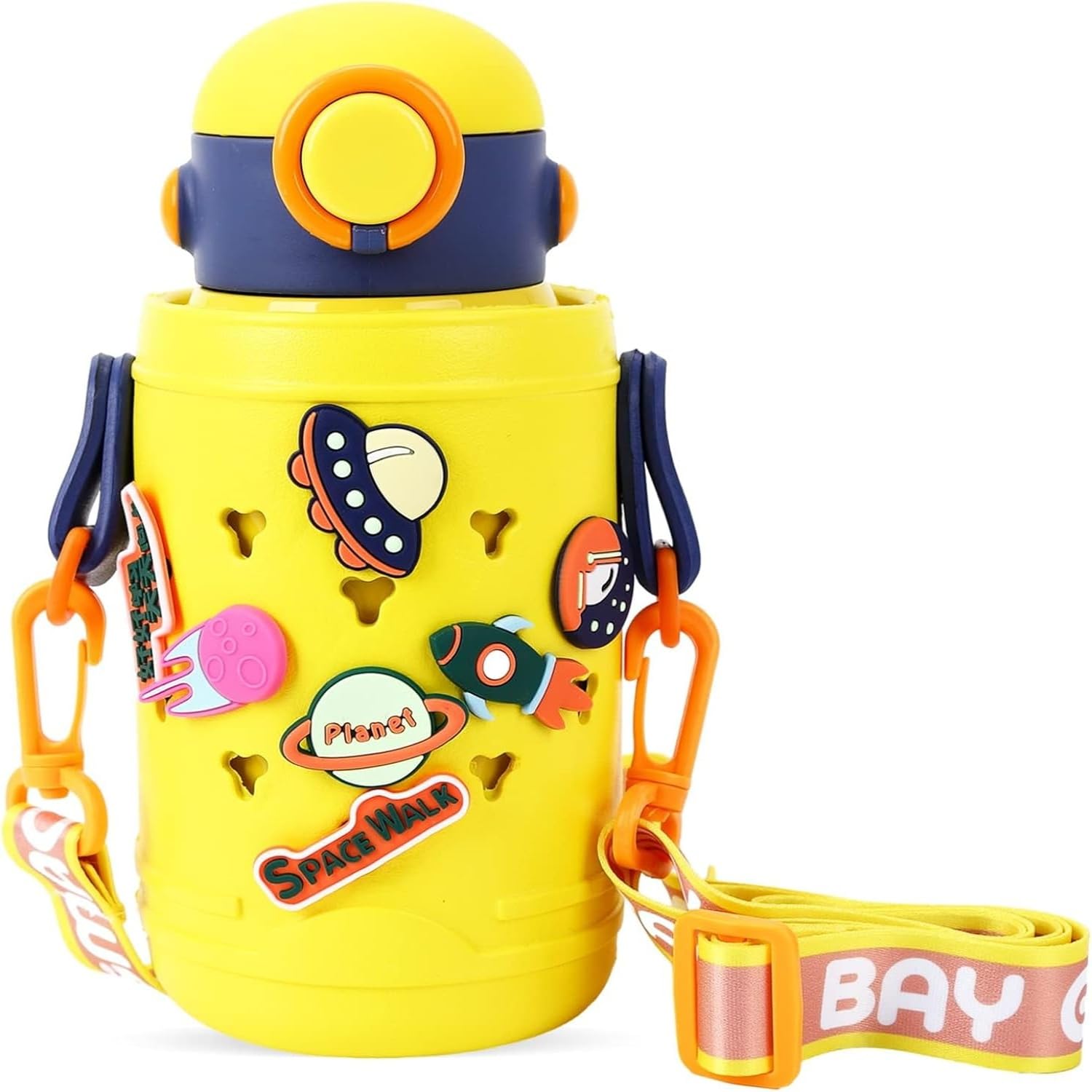 Aputue Stainless Steel Vacuum Insulated Kids Straw Bottle, 500ml Leak Proof Sports Water Bottle, Reusable Insulated Water Bottle, Kids Water Bottle with Shoulder Strap for Hot Cold Drinks (Yellow)