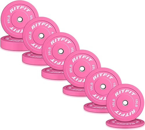 Miniatura 9 de RITFIT Placas de peso rosas, placa de pesas olímpicas de 2 pulgadas, placas de parachoques con inserto de acero, pesas rosas para gimnasio y hogar