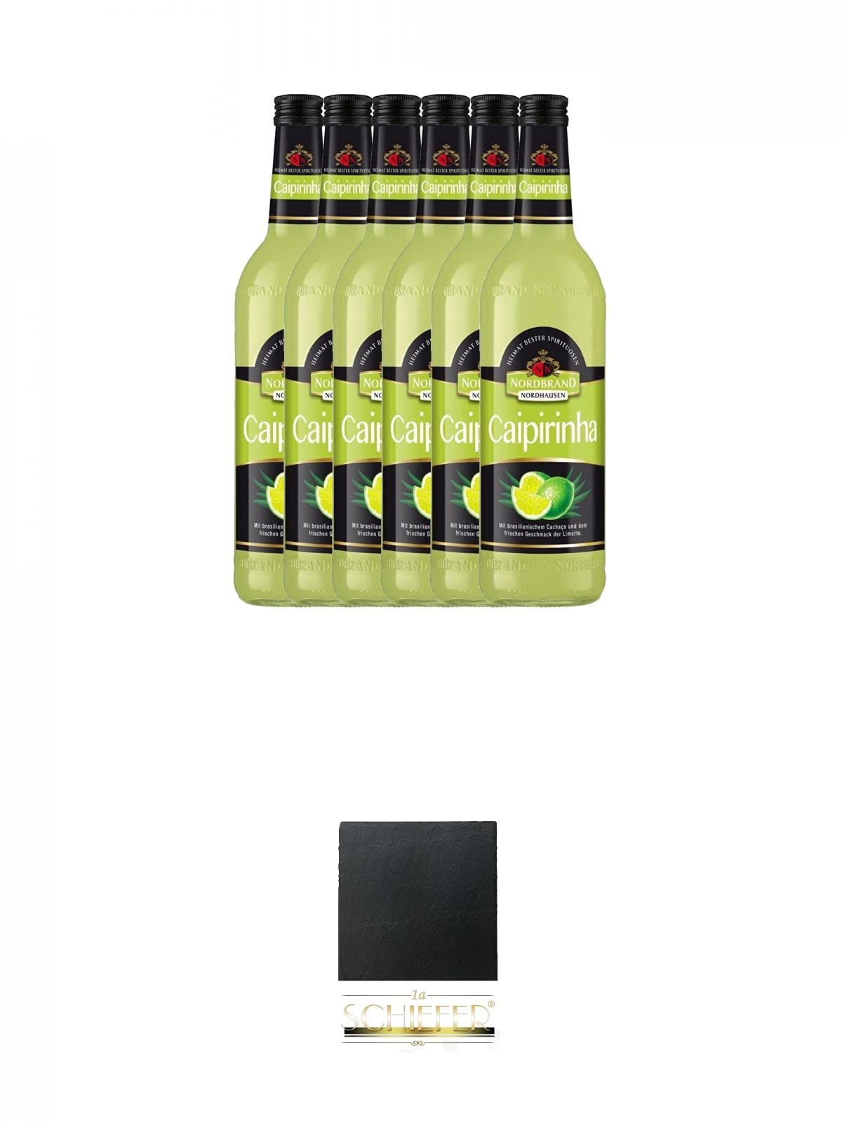 Nordbrand Caipirinha 15% 6 x 0,7 Liter + Schiefer Glasuntersetzer eckig ca. 9,5 cm Durchmesser