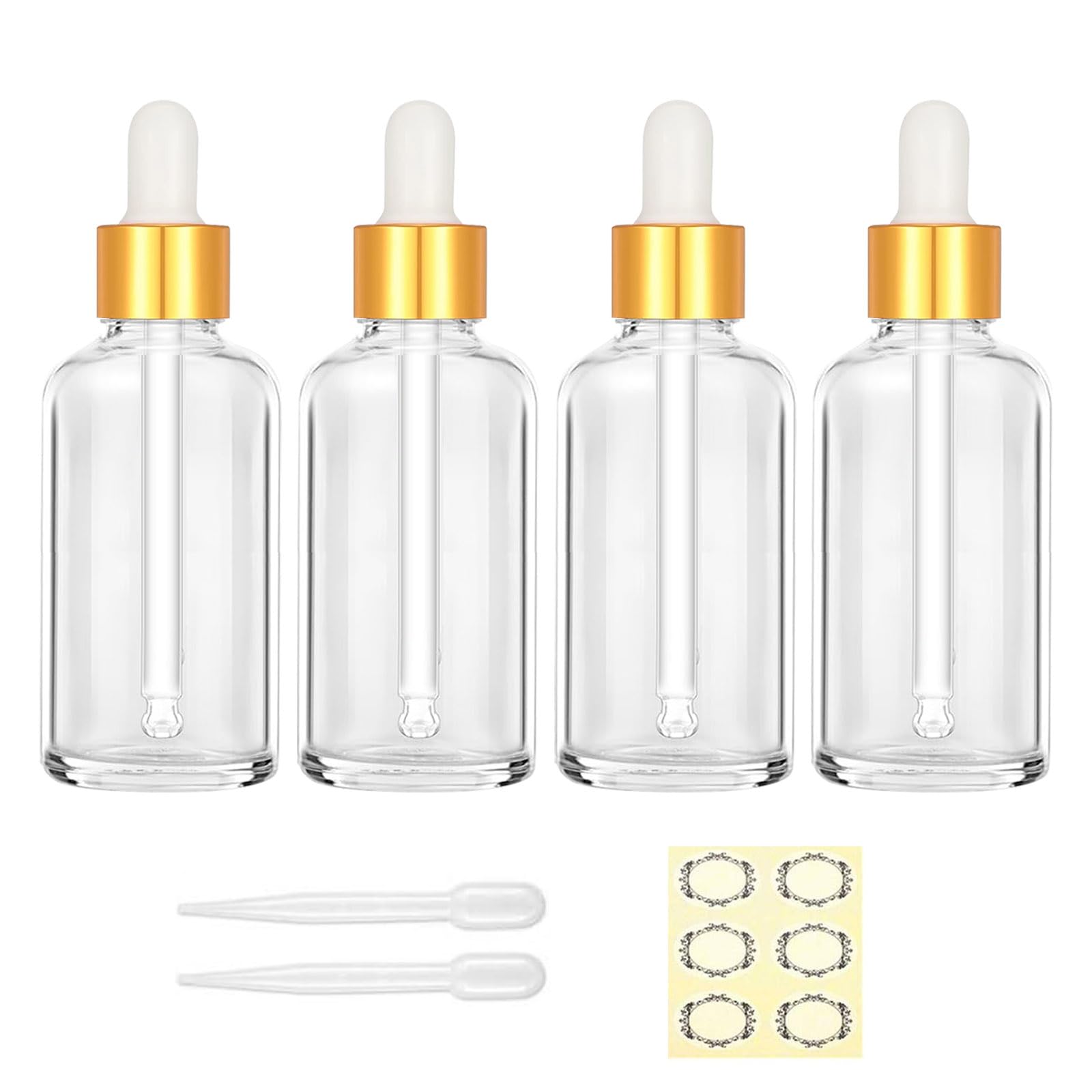 Apstaqeoo Clear Glass Bottle Gold Cap 4Pcs 50Ml Clear Glass Dropper Bottles - Empty Bottle With Dropper Pipette Refillable Sample Bottles Tincture Drop Bottle Gold Cap For Essential Oil Aromatherapy Perfume Laboratory