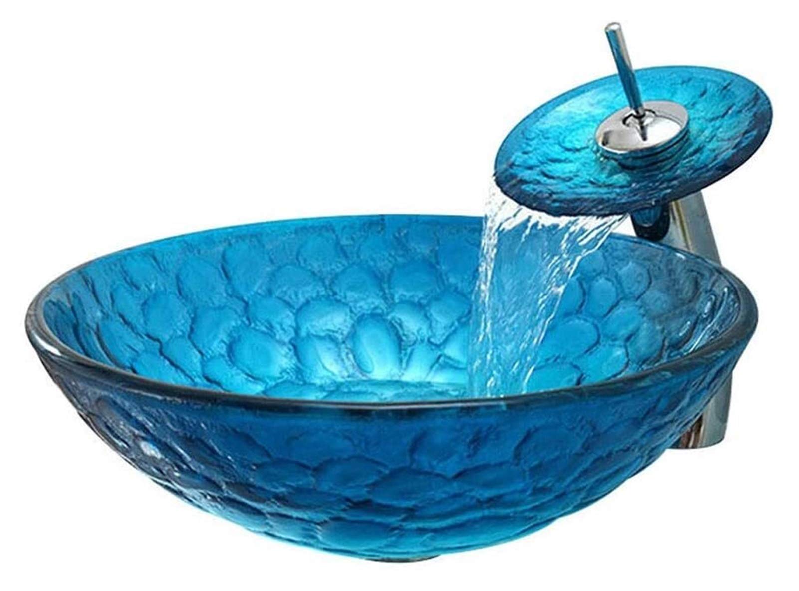 WOTZOV Vanity Unit With Basin,Bathroom Basin Vessels Sink Countertop Basin, 16.53" Artistic Tempered Glass Vessel Sink, Round Shape Blue Above Counter Bathroom Lavatory Bowl