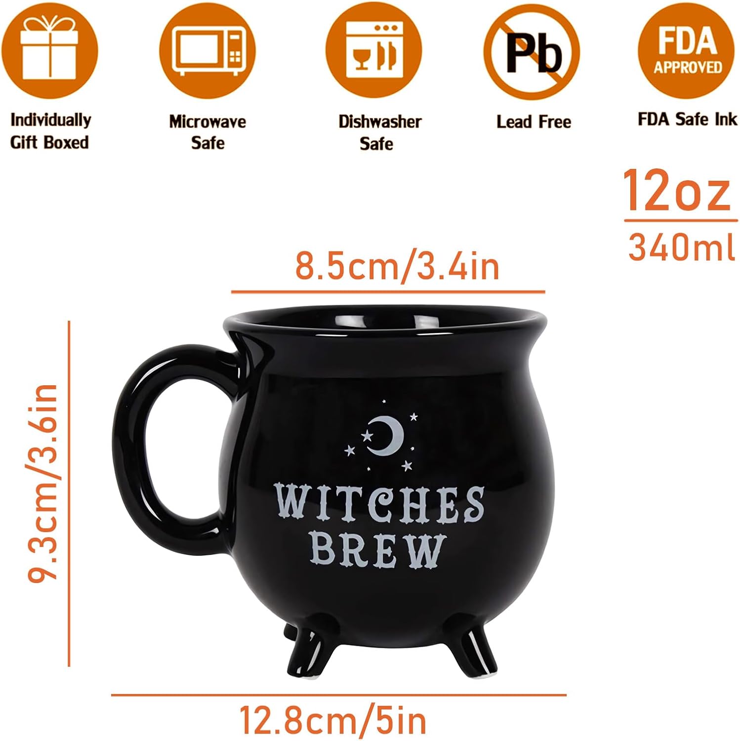 Halloween Witchy Cauldron Coffee Cup - 400ml Black Ceramic Spooky Mug with Silver Moon & Stars Design, Microwave Safe, Halloween Party Cup, Autumn Decorative Mug for Witches Brew Lovers - Image 2