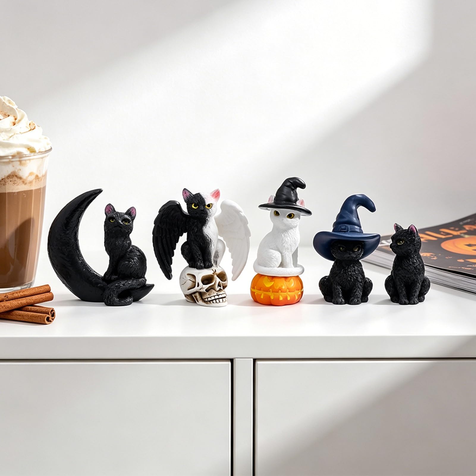 Quoravel Resin Halloween Cat Figurine, Witch Hat Moon Pumpkin Skull Statue, Black White Cat Decor for Tabletop Mantel Shelf Desk, Spooky Black & White Twin Kittens