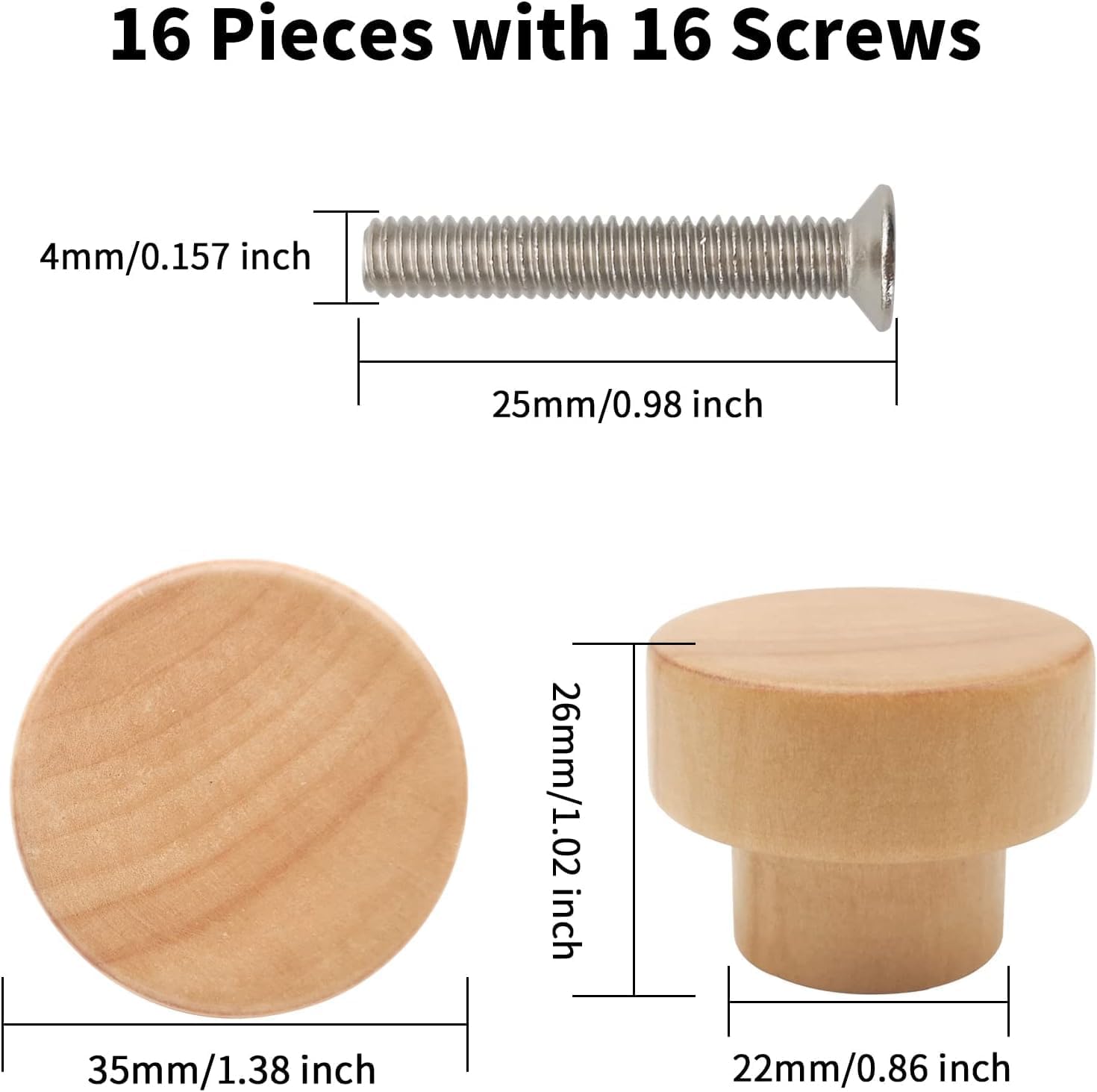 Generic (16 Packs) Wood Knobs - Cabinet Knobs 1.4"" Wooden Dresser Knobs Round Wooden Knobs for Cabinets and Drawers Wood Drawer Pulls Natural Wood Kitchen Cabinet Knobs Pulls Handles