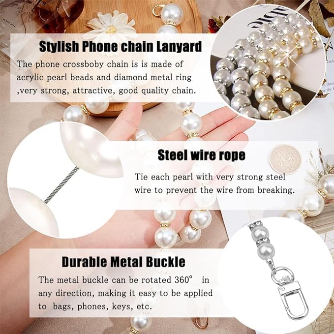 Image of KHOLAD White Bow Phone Chain Crossbody Pearl Strap | 2in1 Wrist & Shouler Crossbody Lanyard | Pearl Beads Charms Chain with Phone Tether Patches | Compatible with Most Phones, Bag, Purse
