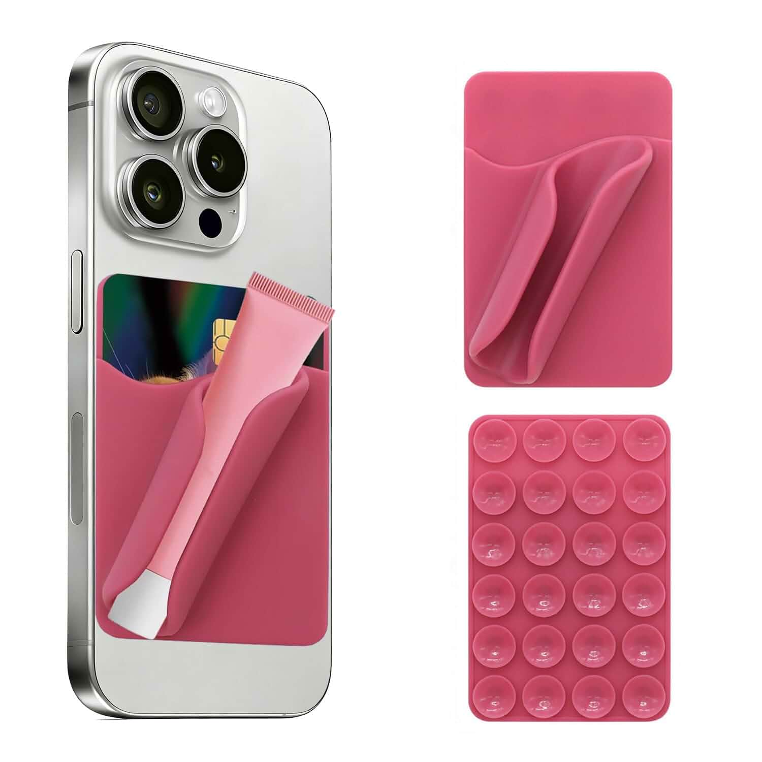 Suction Cup Phone Case Lip Gloss Holder, Featuring A Card Slot, A Self-Adhesive Lip Gloss Holder Detachable Mount, Compatible with Most Smartphones (Rose Pink) Silicone