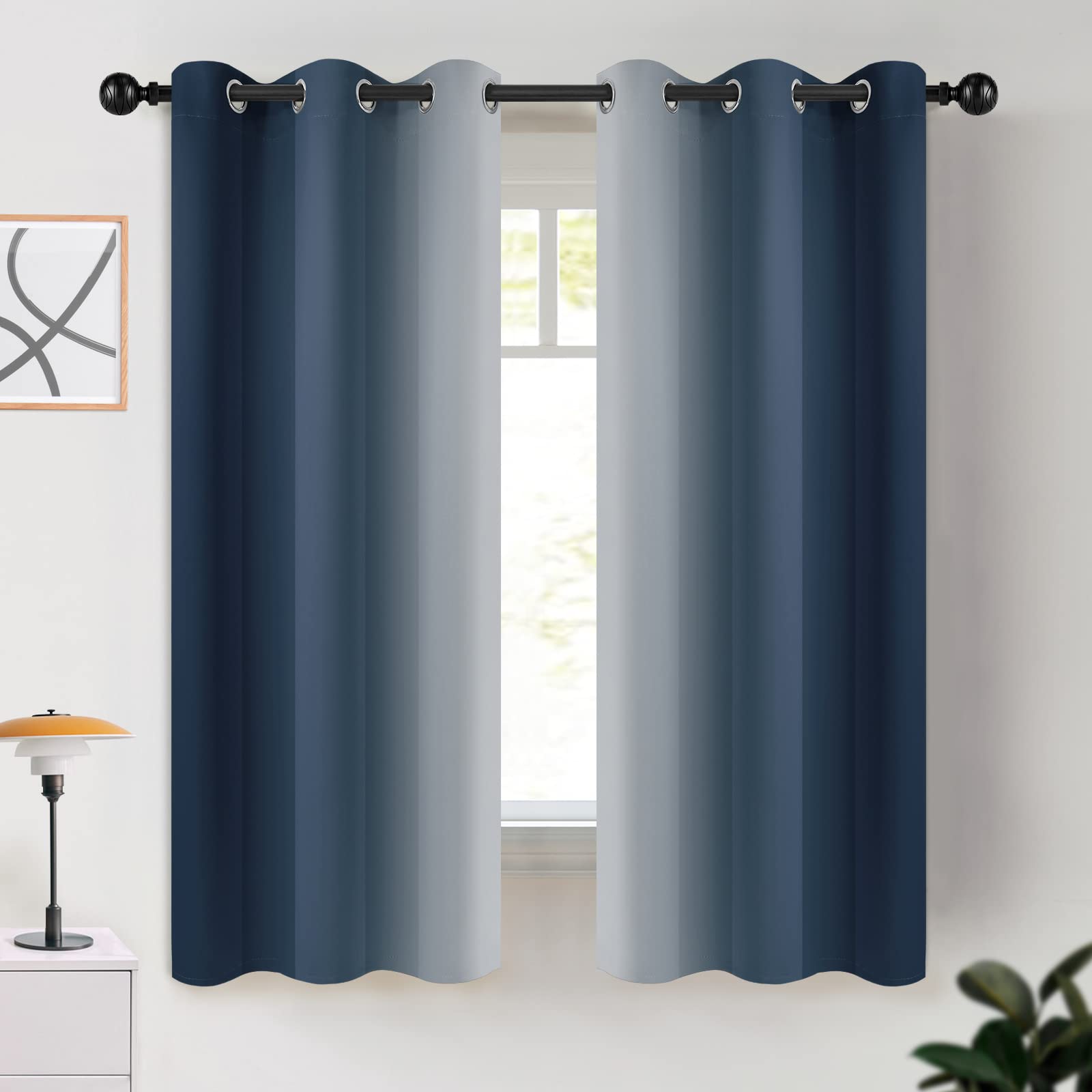 COSVIYA Grommet Ombre Room Darkening Curtains 63 inch Length, Navy Blue and Greyish White Gradient Drapes Light Blocking Insulated Thermal Window Curtains for Bedroom/Living Room,2 Panels,42x63 inches