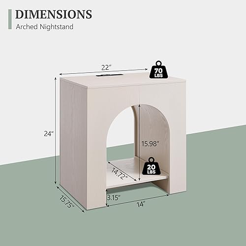 Miniatura 2 de Juego de 2 mesas auxiliares arqueadas con estación de carga tipo C, moderna mesita de noche de dormitorio de 22 pulgadas con estante arqueado, mesa