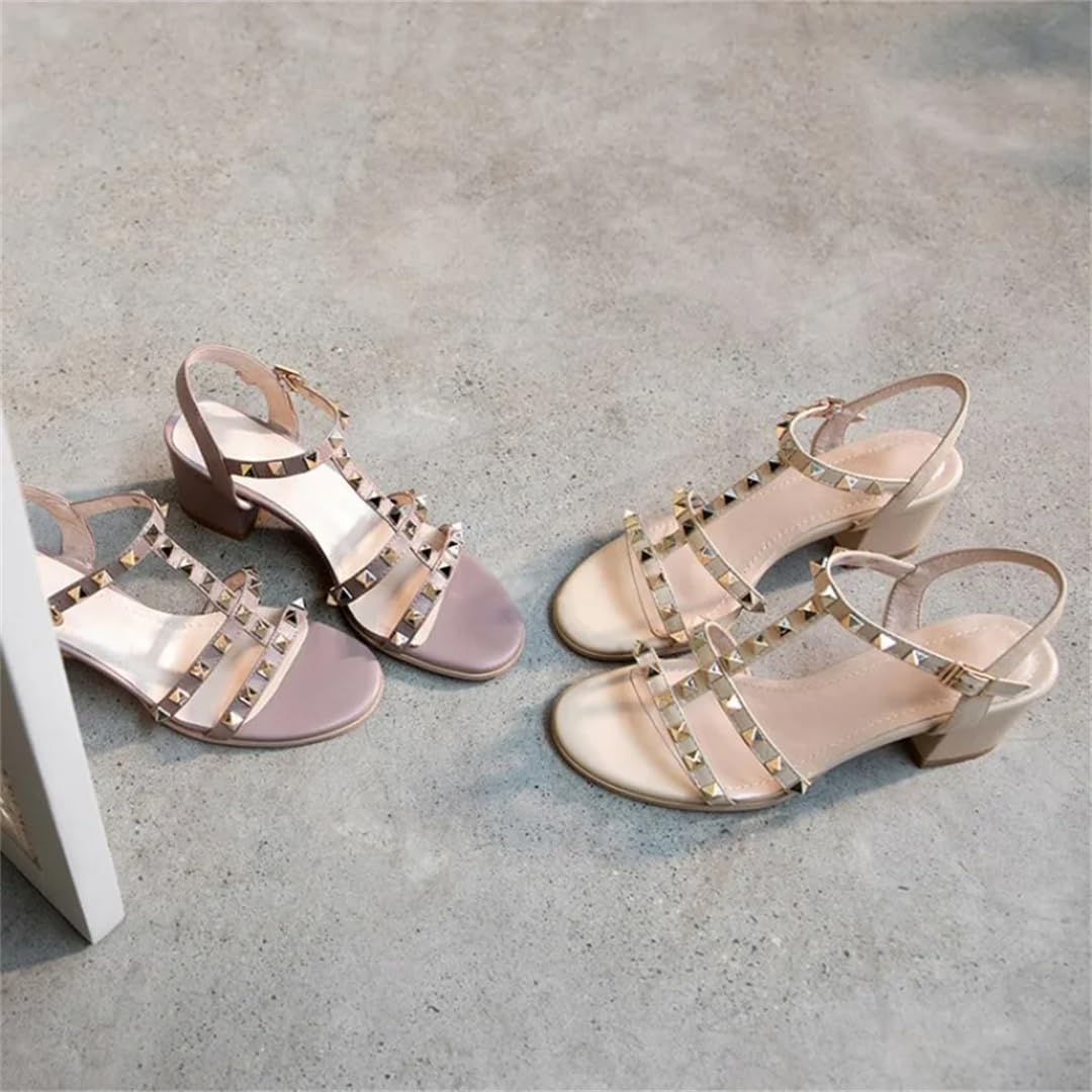 Sandalias punk con hebilla y correa al tobillo para mujer, tacón cuadrado, con tachuelas, de cuero, tachuelas, para oficina, carrera, tacón alto