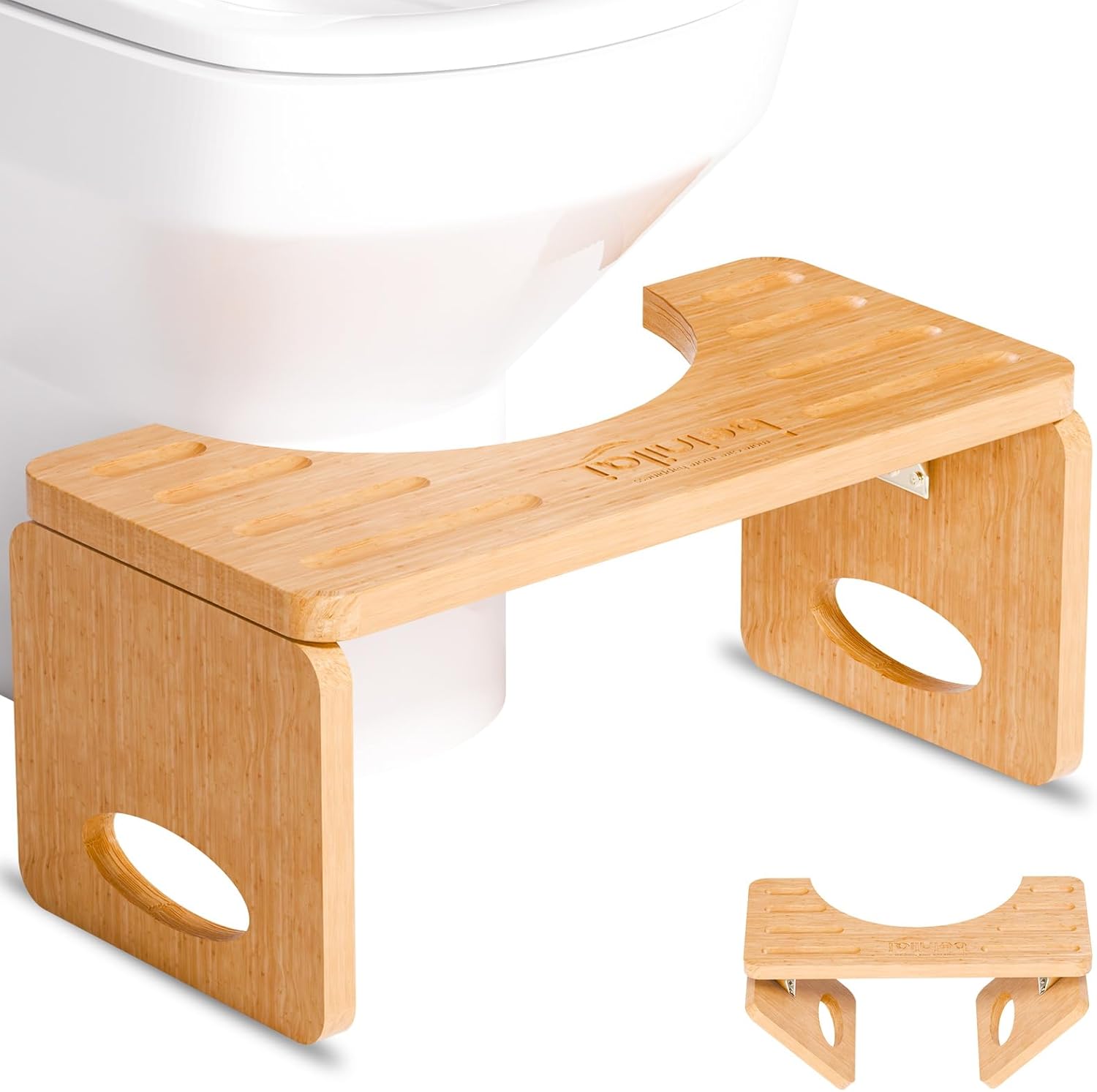 Beinilai Foldable Toilet Stool,7 Inches Poop Stool for Bathroom,Bamboo Toilet Stool Squat Adult,Potty Stool with 2 Packs Anti-Slip Strip