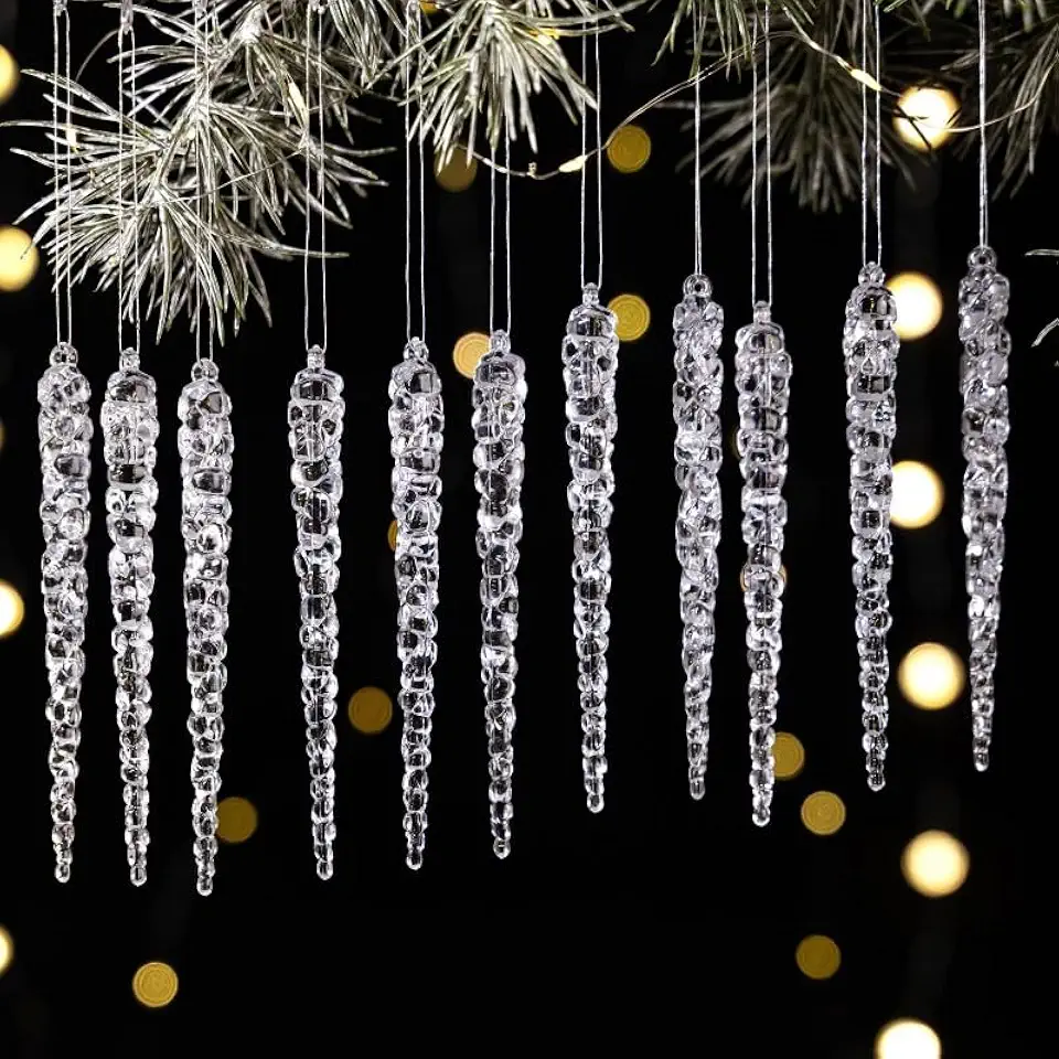 12 peças/pacote com enfeite de pingente de gelo de simulação de Natal de 13 cm acrílico transparente para decoração de festa de Natal, transparente