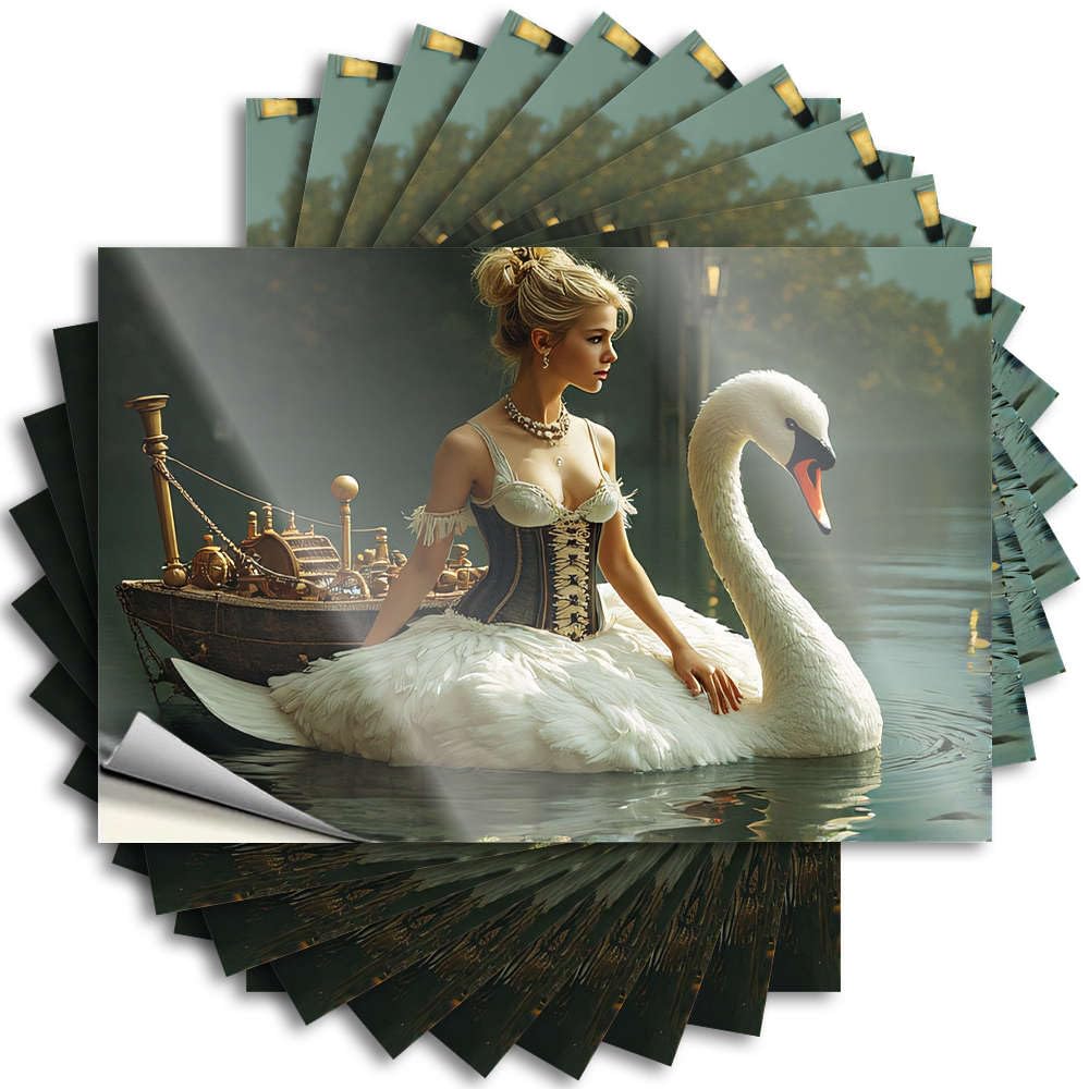 Outdoor Farmhouse Decor Bumper Decal | A Woman in A Swan Dress Sits Beside A Steampunk Boat On A Serene Lake Positive Durable Vinyl Sticker Easy Apply for Dry(6X9CM)