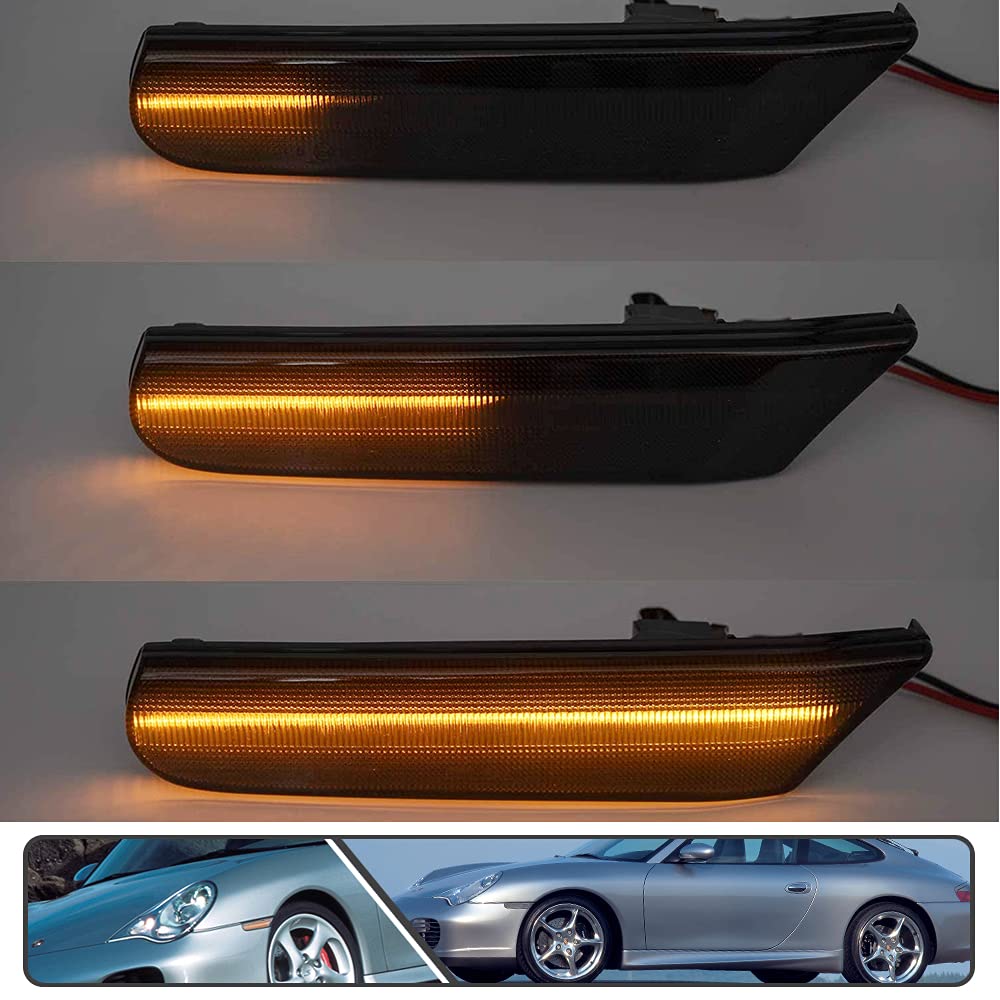 2Pcs Smoked Lens Full LED Dynamic Sequential Blink Side Marker Lights for Porsche 911 1998-2005 Boxster 986 1997-2004 Front Bumper Side Marker Assembly