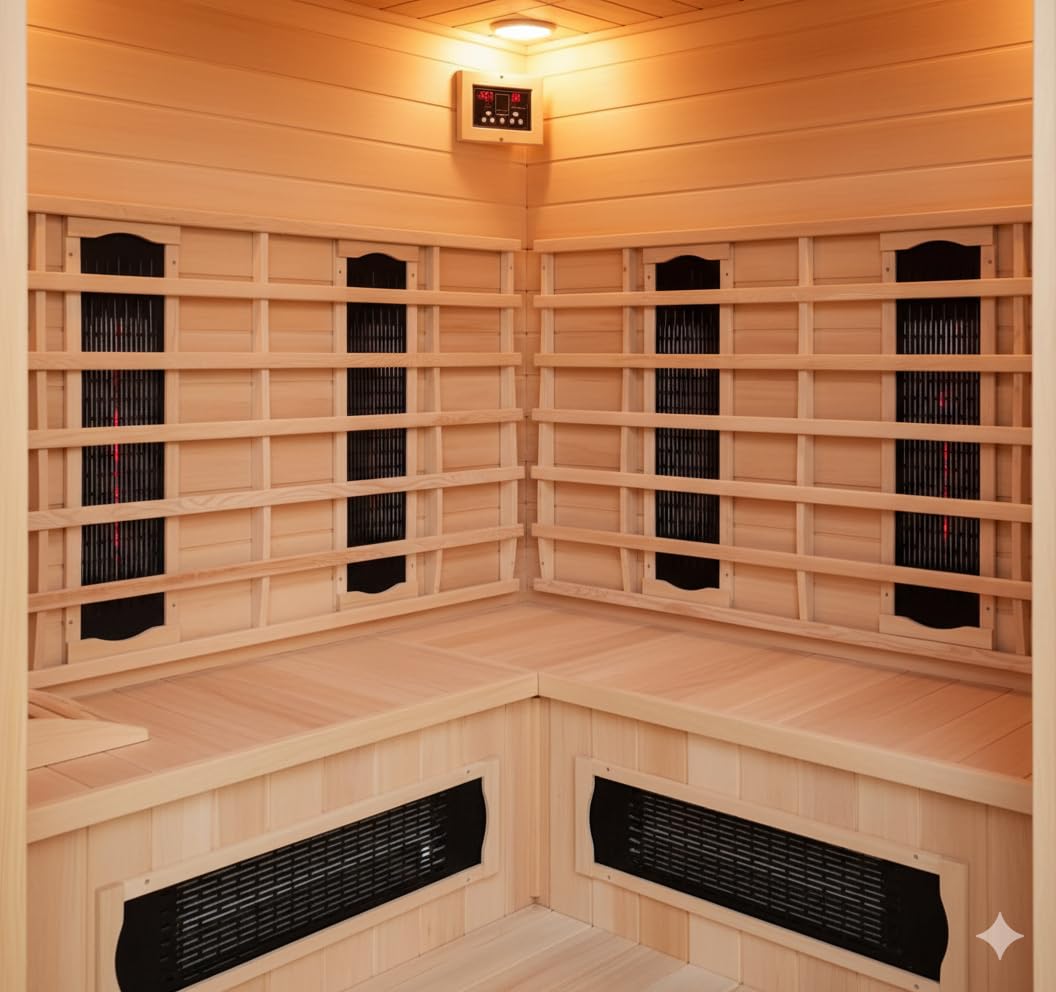 CONCEPT USINE | Cabina per sauna a infrarossi 3-4 posti in legno di tsuga | Calore secco economico | Cromoterapia con 5 lampade | 6 diffusori ceramici + 2 carboni | Stazione LCD | Radio Bluetooth |