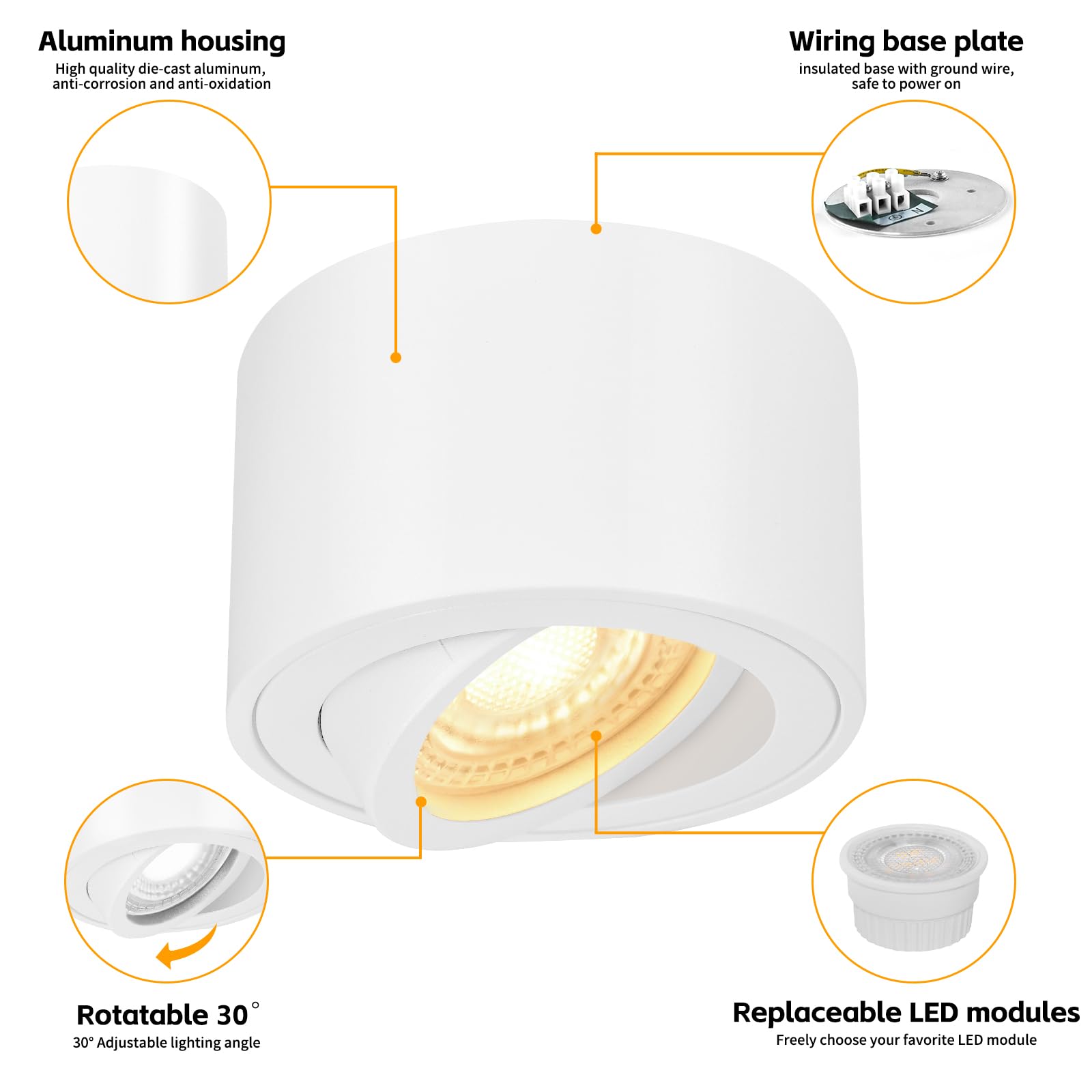 GeyouLux 1x Faretti LED Soffitto - Orientabile - Ø80x50mm Extra Piatto & Inclinabile a 38° - 5W 500LM 4000K - Con Modulo LED 230V Incluso - Alluminio - Faretto LED Interno, Lampada da Soffitto（Bianco）
