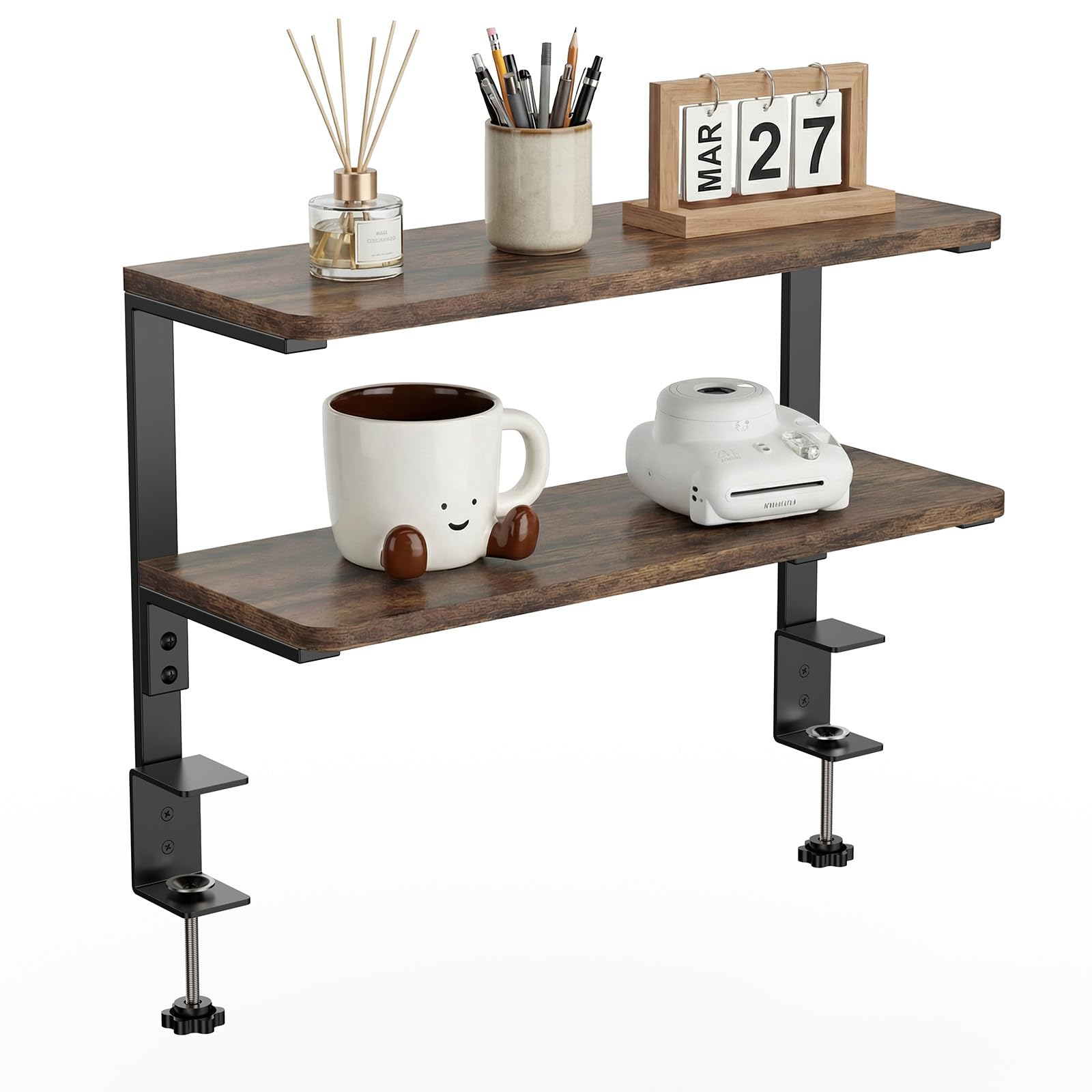 THYGIFTREE Klemmregal Schreibtisch 2 Ebenen, 56 x 20 cm Höhenverstellbar Klemm Tischregal, Schreibtisch Aufsatzregal für Monitor, Büro und Gaming Zubehör, Tischregal Erweiterung, Braun