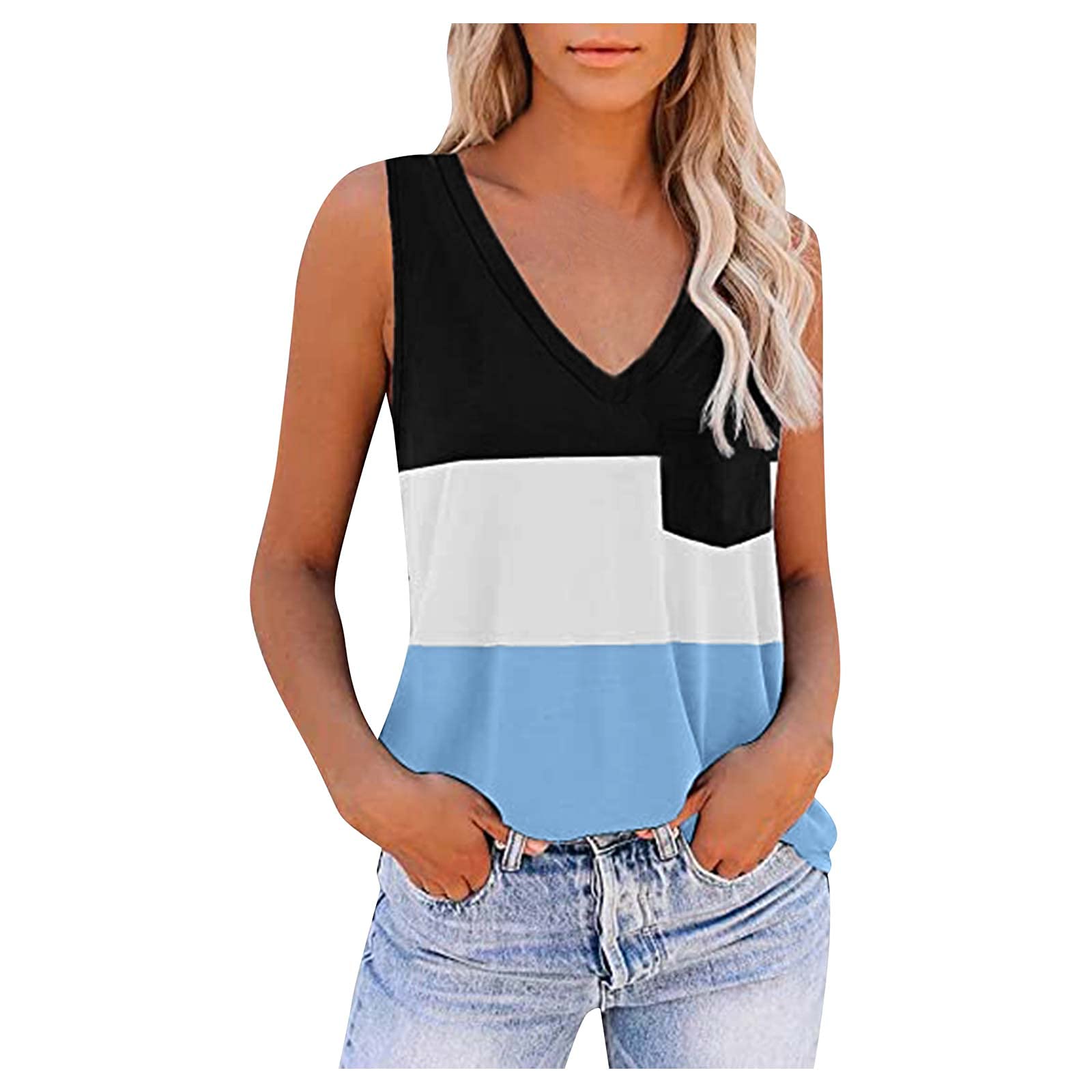 GenericWomens Summer Tank Tops Casual Tops T-Shirt for WomenPrinted DailyFashion Loose Top Tshirts Vest Blouse (Blue-I, XL)