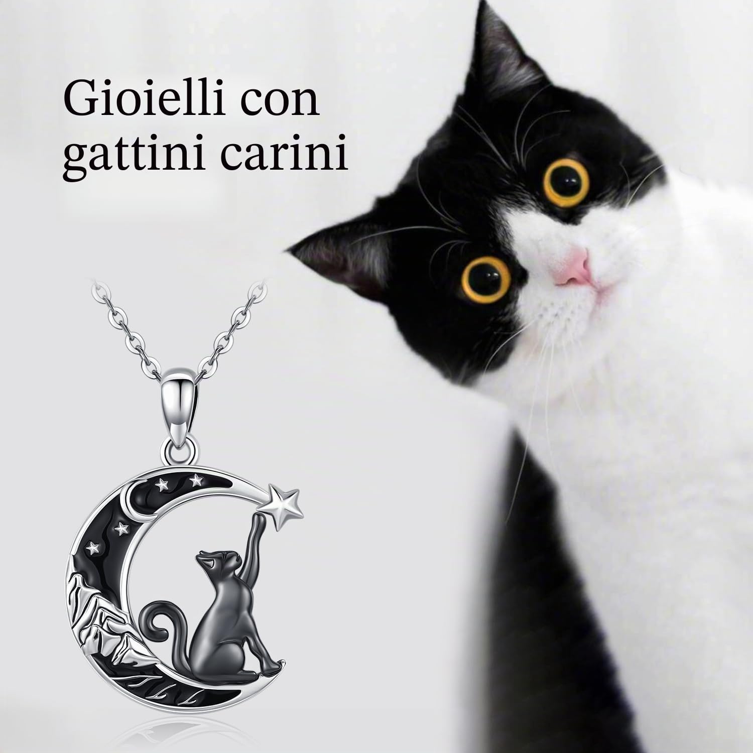 Collana Gatto Donna Argento 925 con Pietra di Luna, Ciondolo Gatto Luna, Gioielli di Animali per Donne Ragazze Amanti dei Gatti